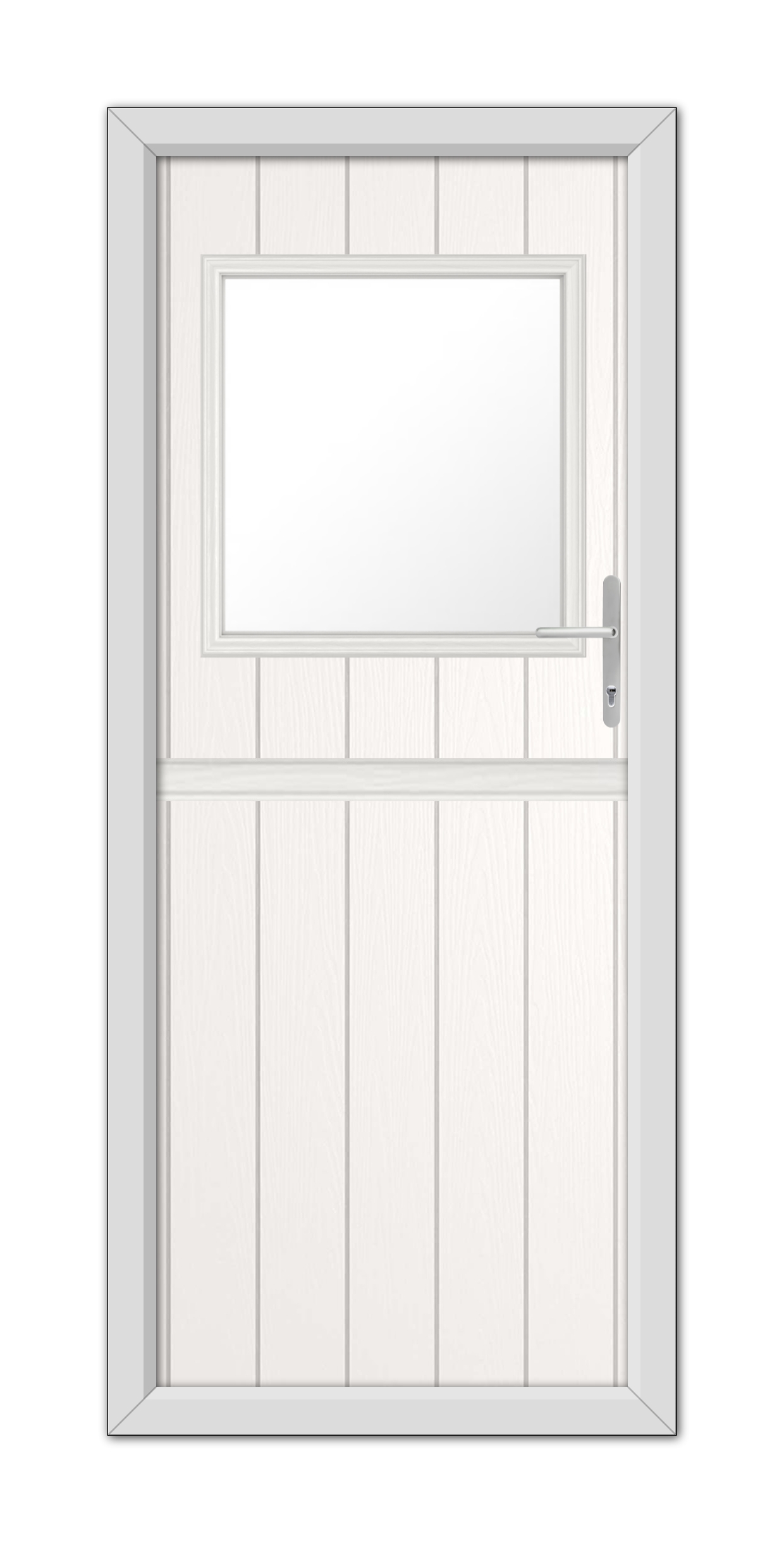 A White Fife Stable Composite Door 48mm Timber Core with a rectangular window and a modern handle, set within a simple frame.