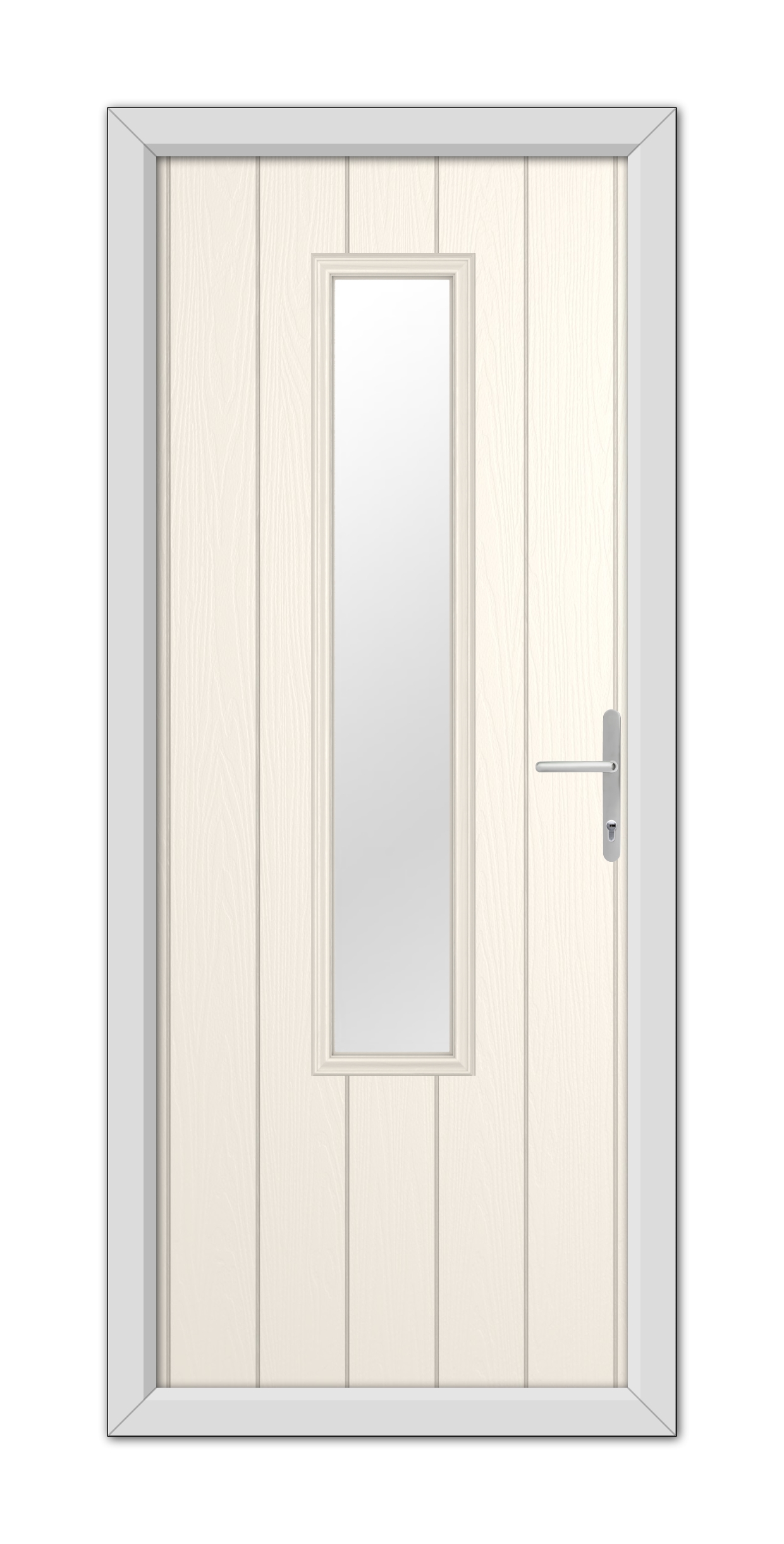 A White Foil Abercorn Composite Door 48mm Timber Core with a vertical, rectangular glass panel in the center, framed by a gray doorframe and equipped with a metal handle on the right side.