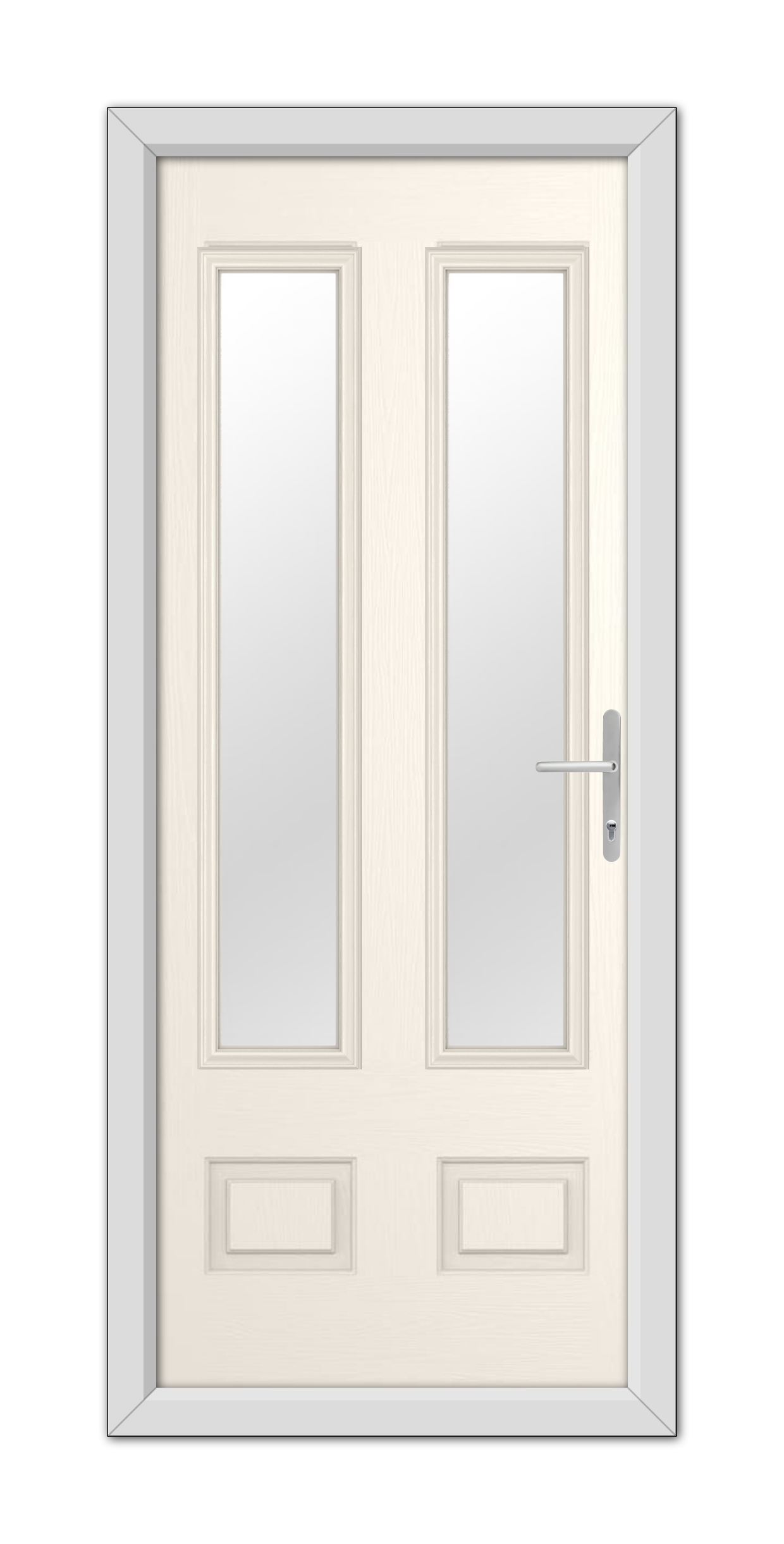 White Foil Aston Glazed 2 Composite Door 48mm Timber Core with frosted glass and a silver handle, set in a light gray frame.