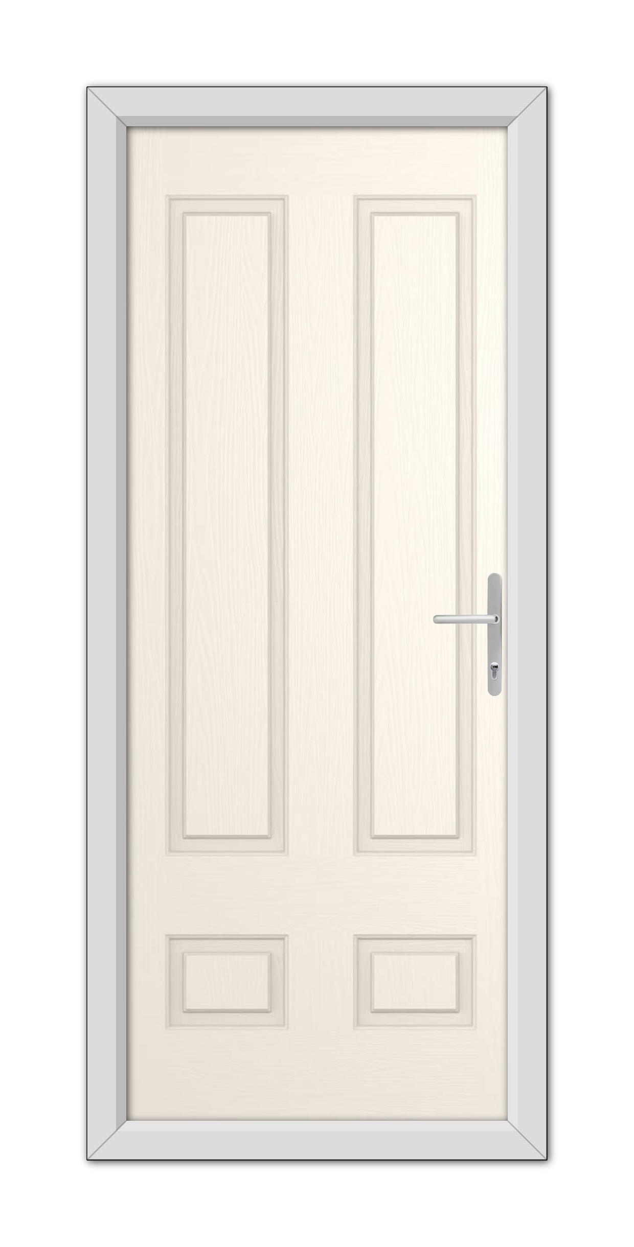 Double White Foil Aston Solid Composite Door 48mm Timber Core with a silver handle, surrounded by a gray frame, depicted against a white background.