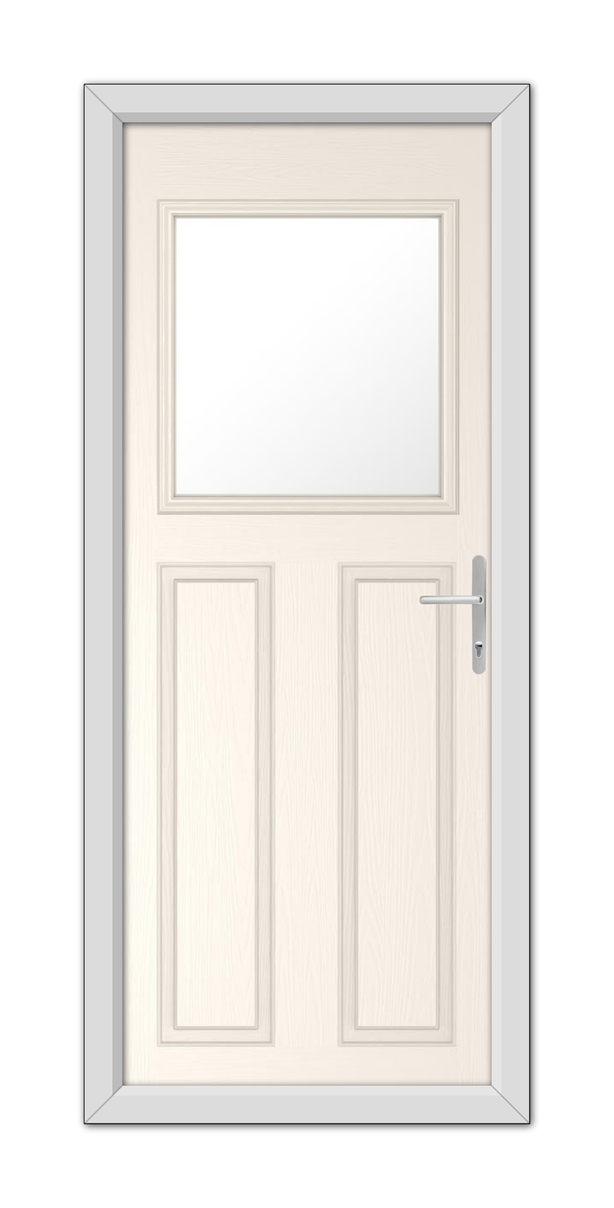 A White Foil Axwell Composite Door 48mm Timber Core with a square glass window at the top and a metallic door handle, set within a gray frame.