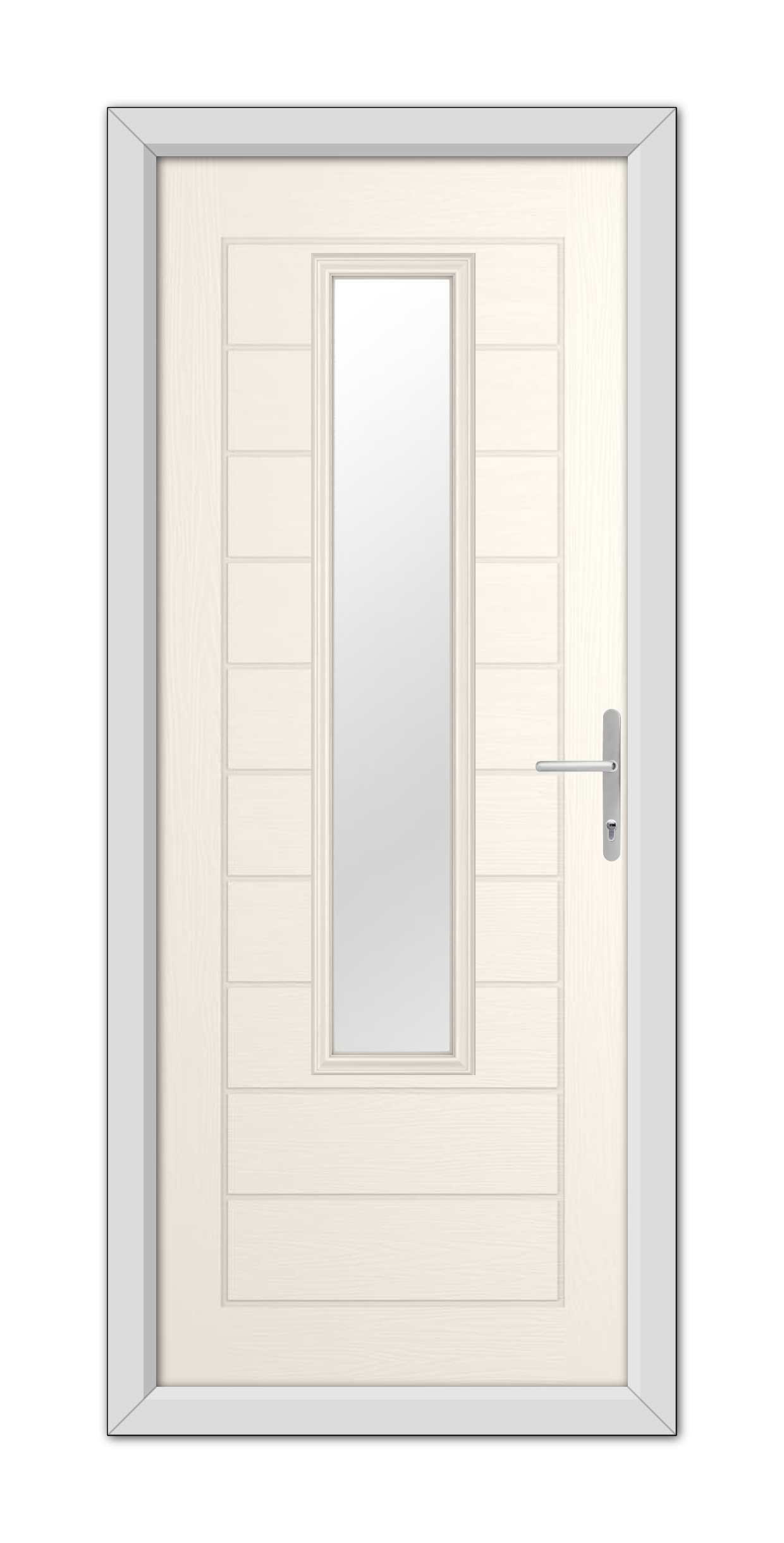 A White Foil Bedford Composite Door 48mm Timber Core with a vertical glass panel and silver handle, set in a white door frame.