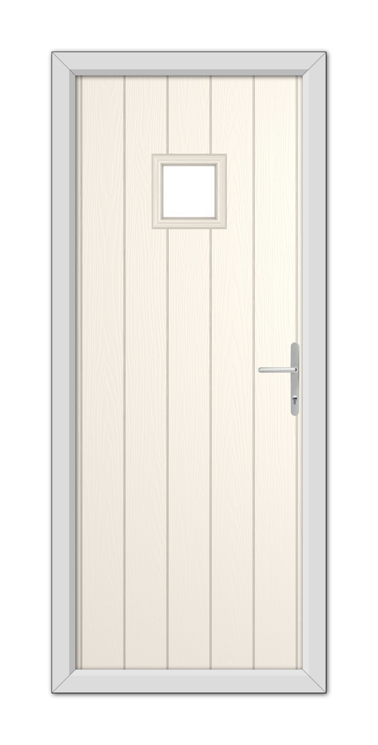 A White Foil Brampton Composite Door 48mm Timber Core with a metal handle, small rectangular window, and a gray frame, viewed from the front.