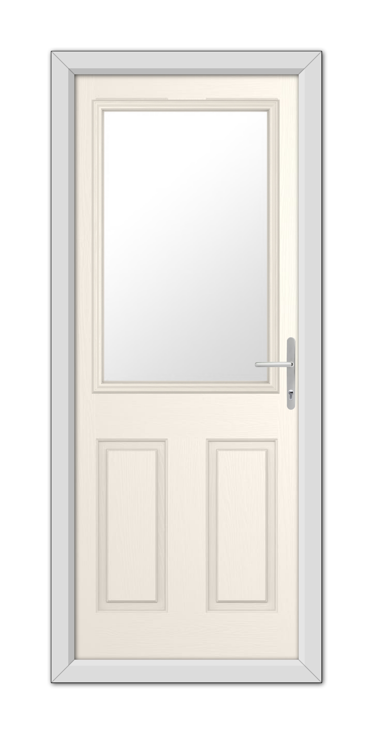 A modern White Foil Buxton Composite Door with a clear glass window on the top half and a silver handle, set within a simple gray frame.