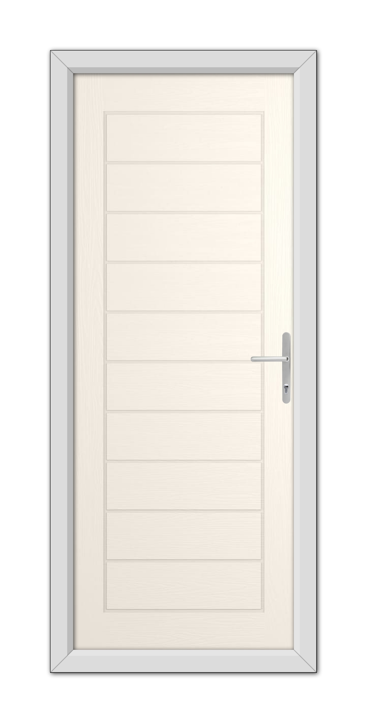 A modern White Foil Cambridge Composite Door with horizontal panels and a metallic handle, set within a light gray frame.