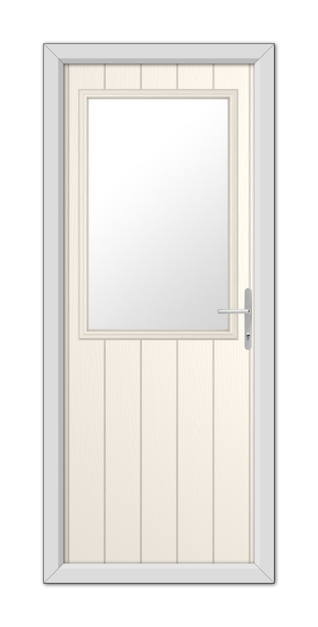 A modern White Foil Clifton Composite Door 48mm Timber Core fitted with a metal handle and a glass panel, set within a gray frame.