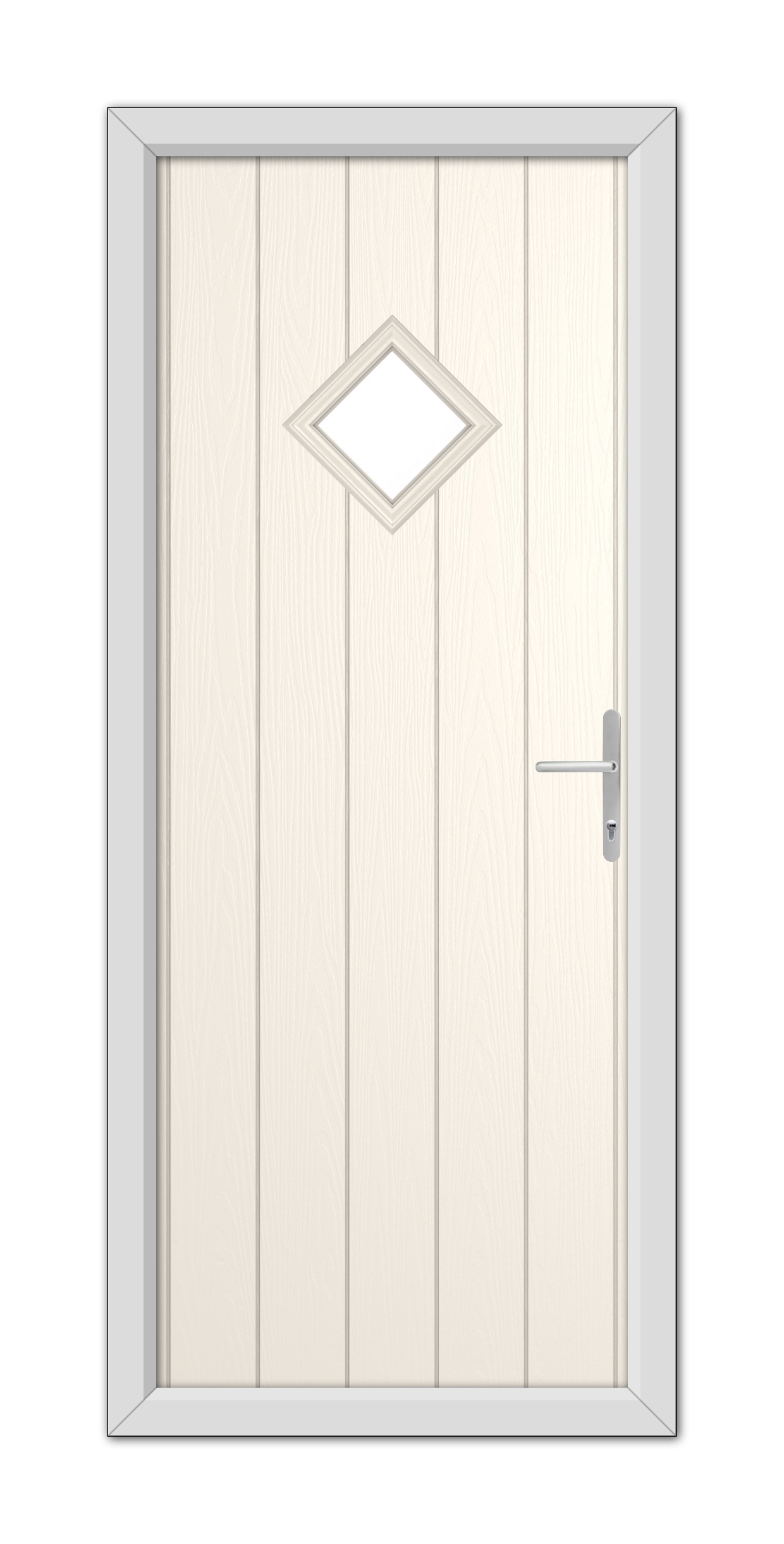 A White Foil Cornwall Composite Door 48mm Timber Core with a diamond-shaped window and metal handle, set within a gray frame.