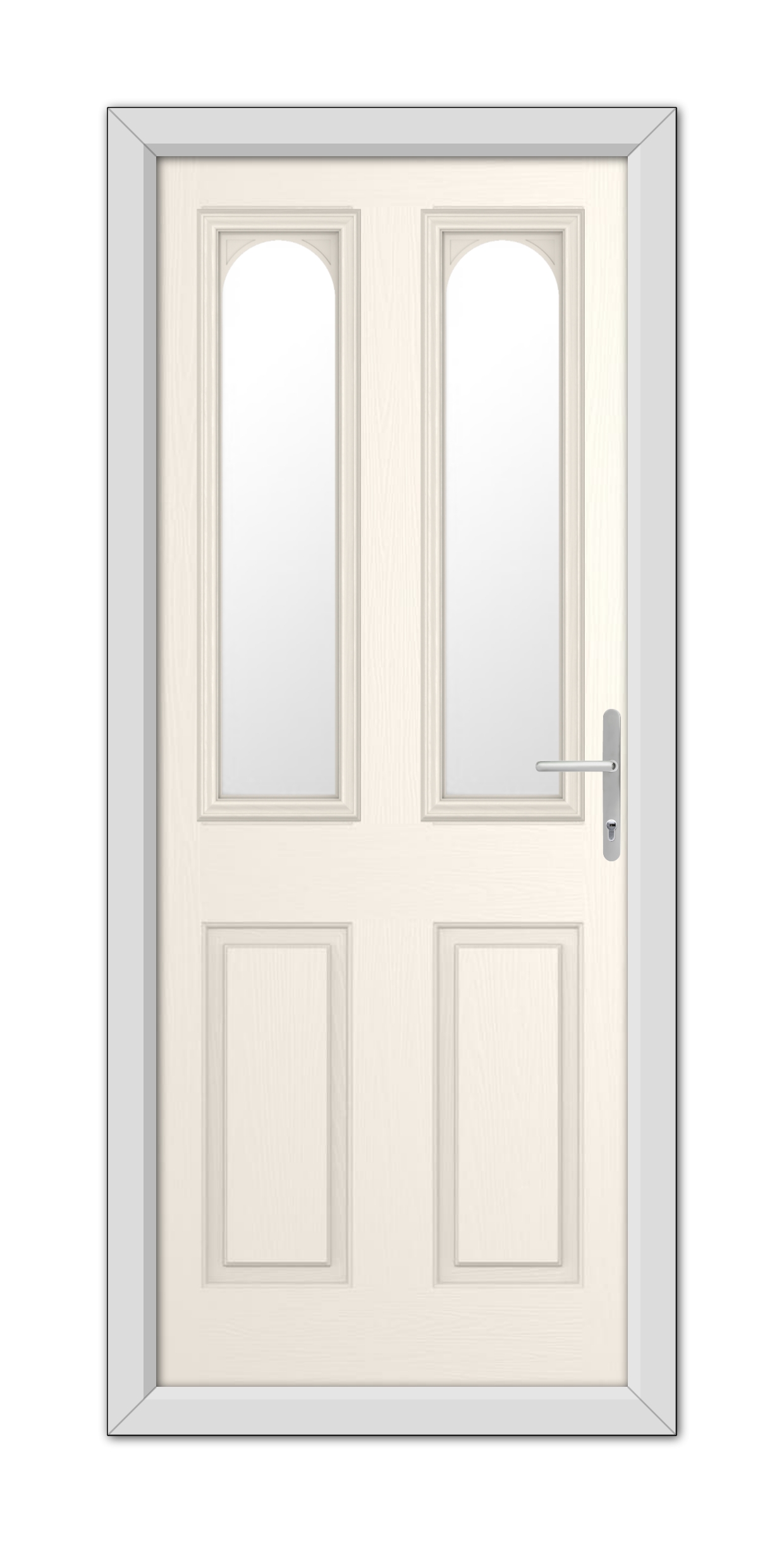 A modern, White Foil Elmhurst Composite Door 48mm Timber Core with two vertical glass panels and a metallic handle, set within a simple frame.