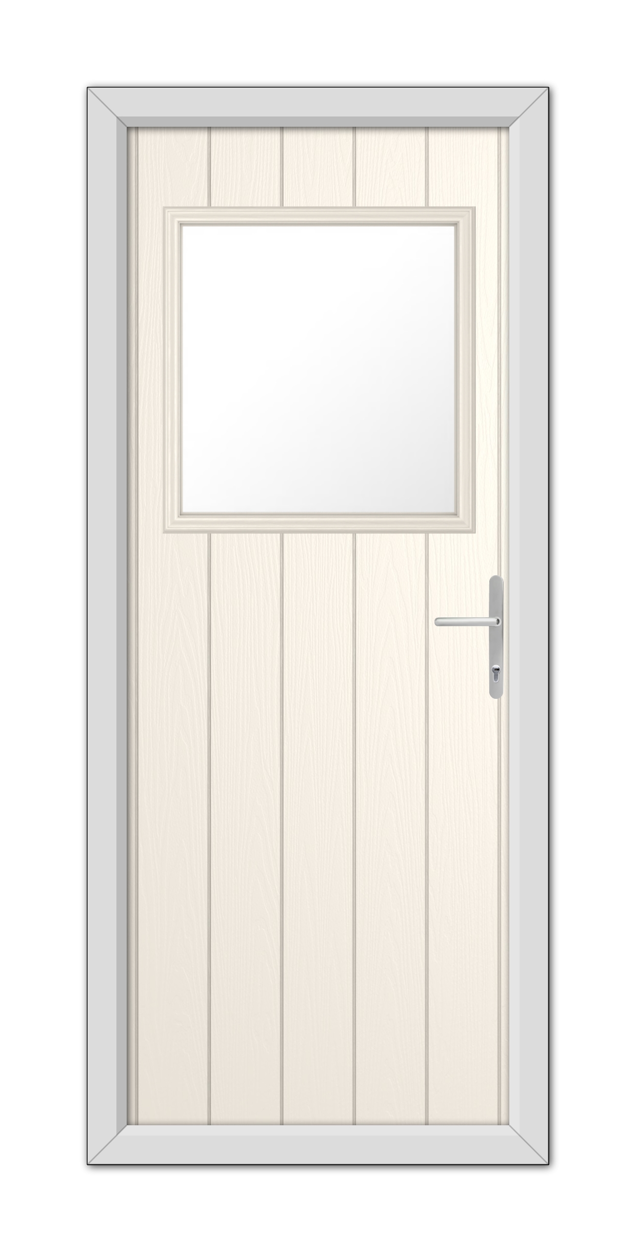 A White Foil Fife Composite Door 48mm Timber Core with a rectangular glass window at the top, finished in a light beige tone, featuring a modern handle on the right side.