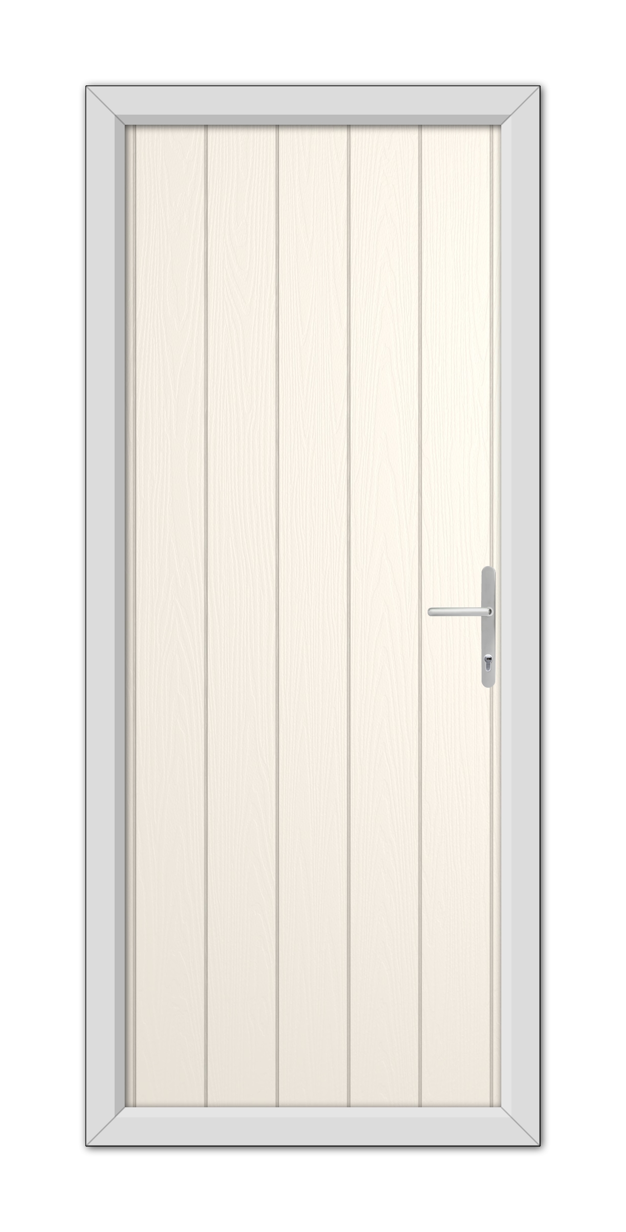 A modern White Foil Gloucester Composite Door 48mm Timber Core with a metal handle, set in a simple gray frame, viewed head-on.
