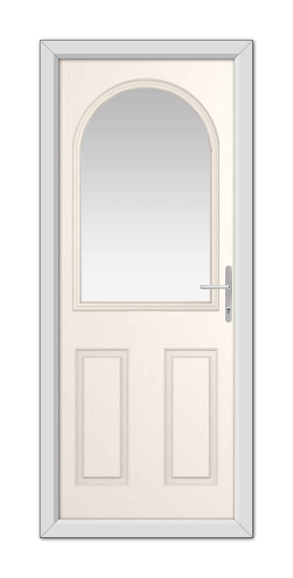 A White Foil Grafton Composite Door 48mm Timber Core with a semicircular glass pane at the top, equipped with a metal handle, housed within a simple frame.