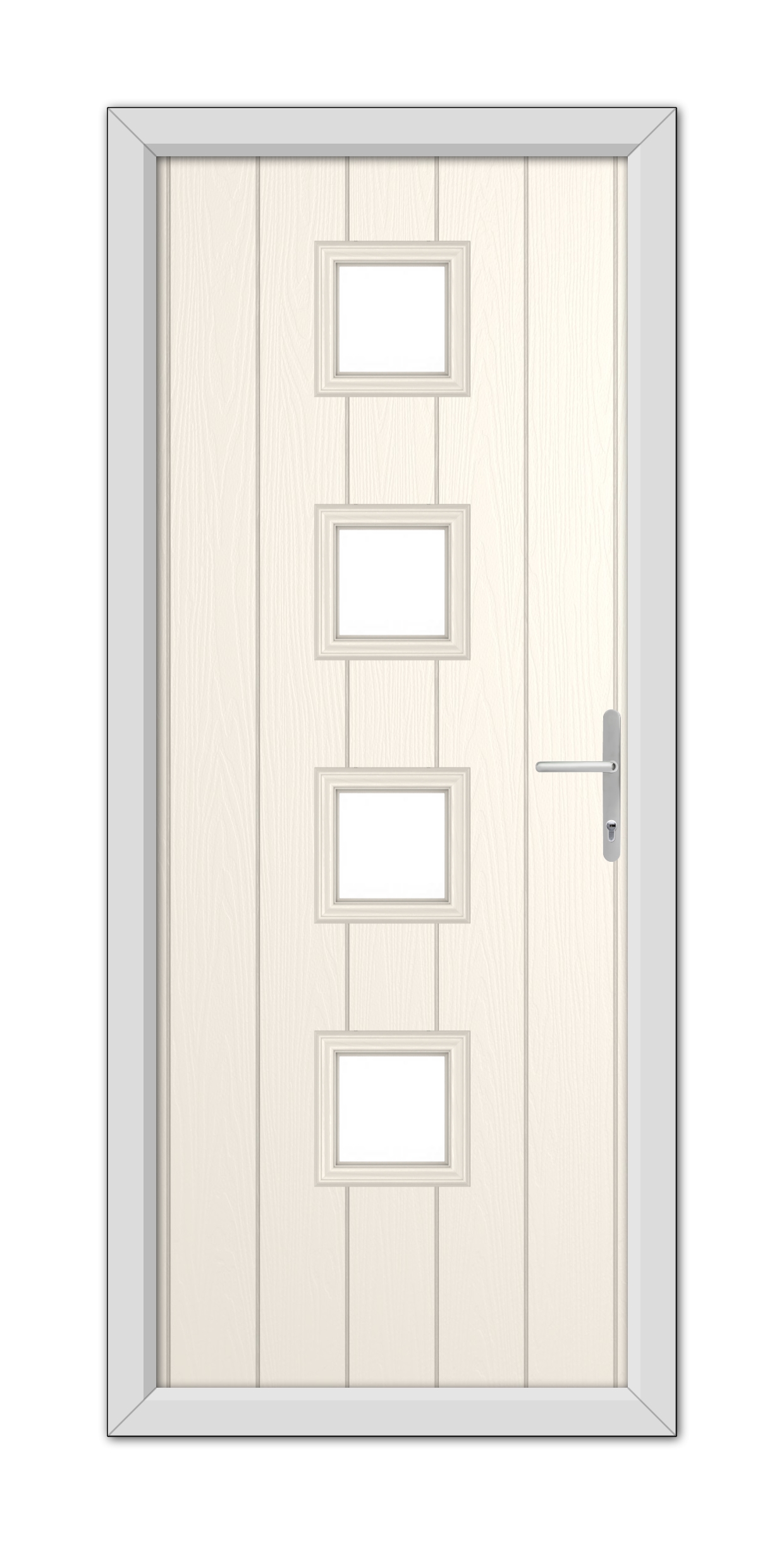 White Foil Hamilton Composite Door 48mm Timber Core with four glass panels and a metal handle, framed within a gray door frame.