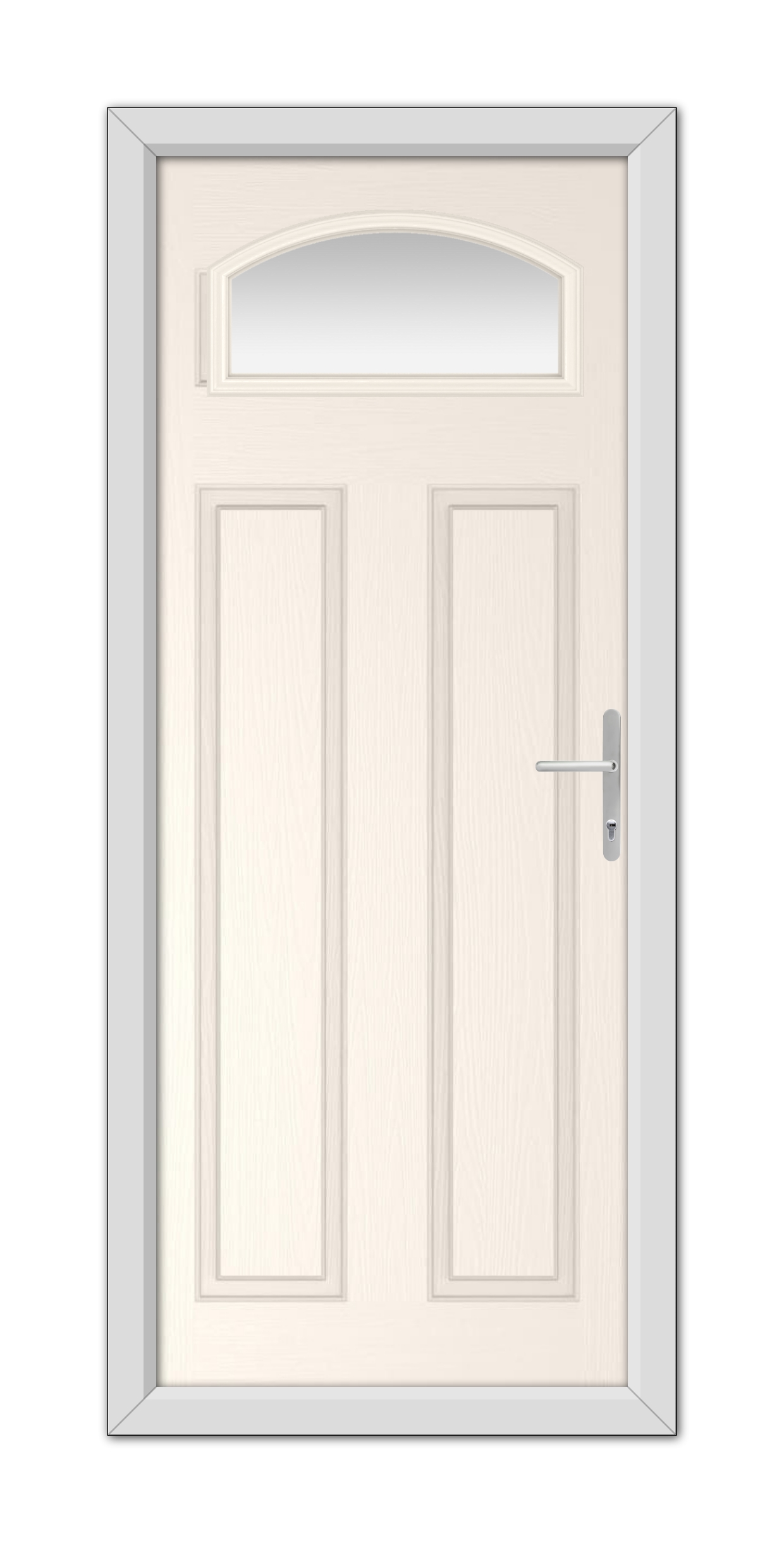 A White Foil Harlington Composite Door 48mm Timber Core with a rounded arch window and a silver handle, set within a gray frame.