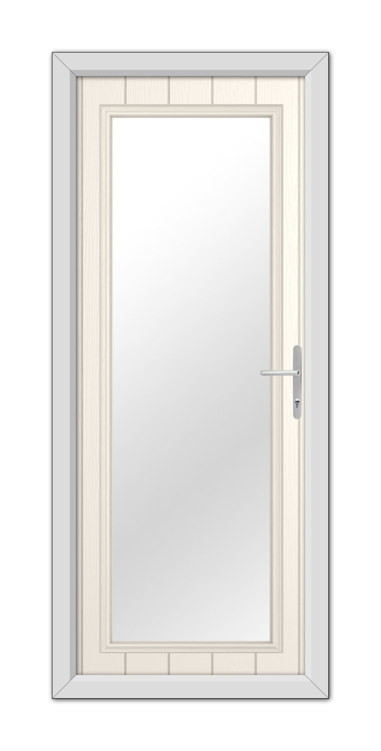 Modern White Foil Hatton Composite Door 48mm Timber Core with a silver handle and a large glass panel, set in a light-colored wooden frame against a white background.