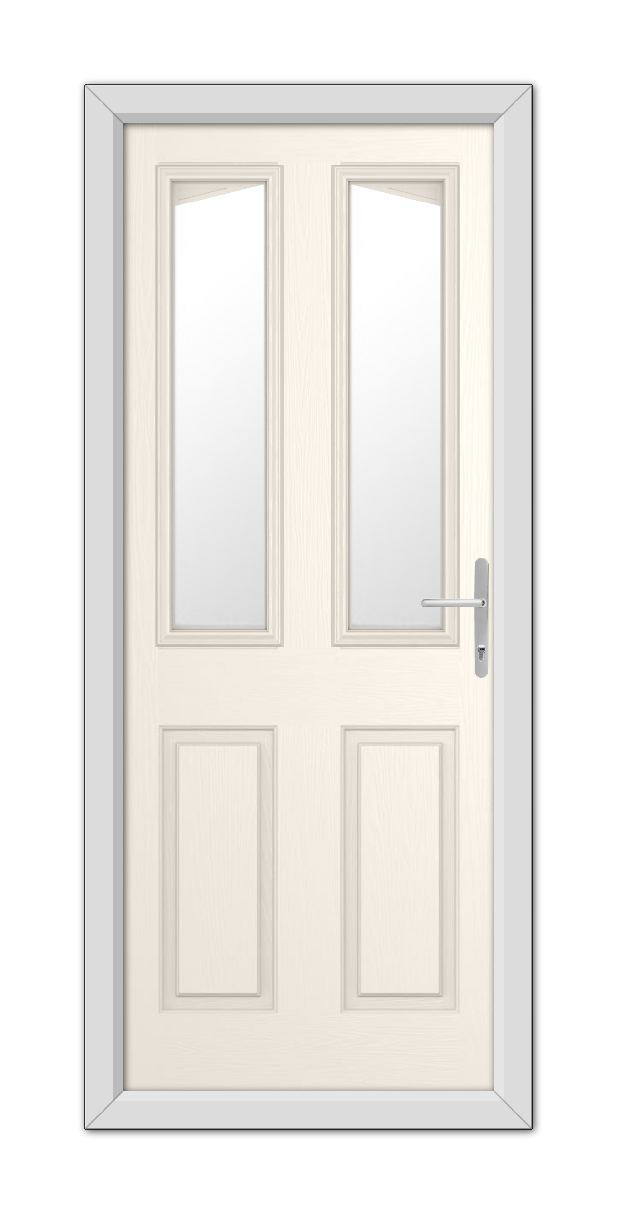 Modern White Foil Highbury Composite Door 48mm Timber Core with upper windows and a metal handle, set in a gray frame, isolated on a white background.
