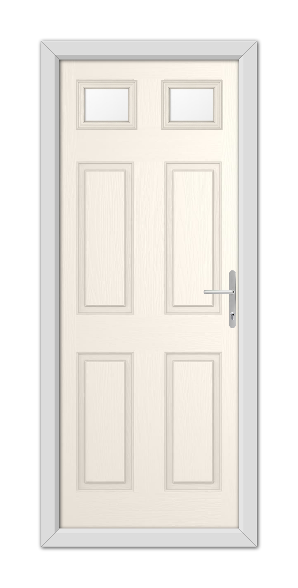A modern White Foil Middleton Glazed 2 Composite Door 48mm Timber Core with six panels and a metallic handle, set within a gray door frame.