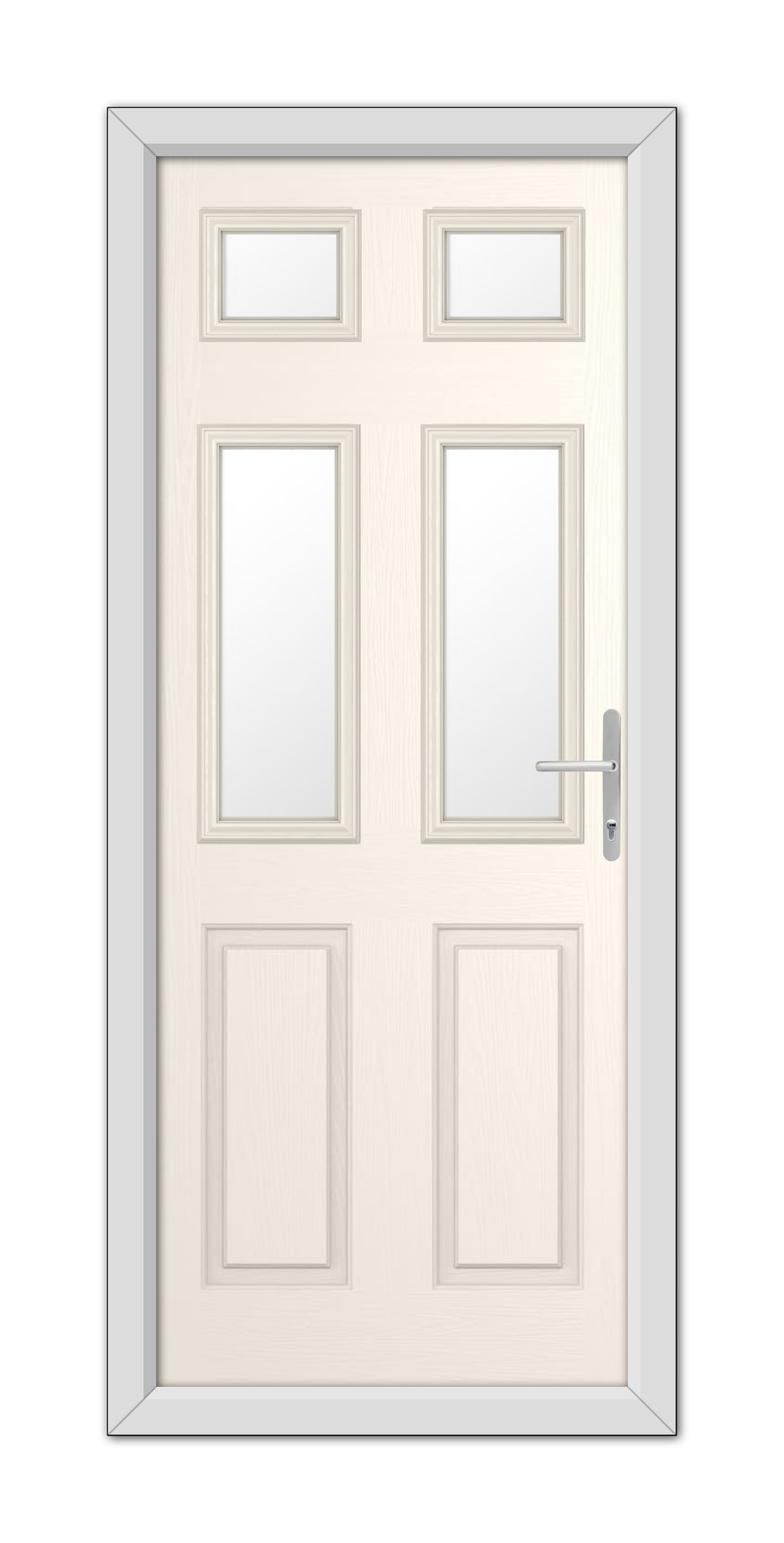 A modern White Foil Middleton Glazed 4 Composite Door 48mm Timber Core featuring six panels, three with glass windows, and a metal handle, set within a simple frame.