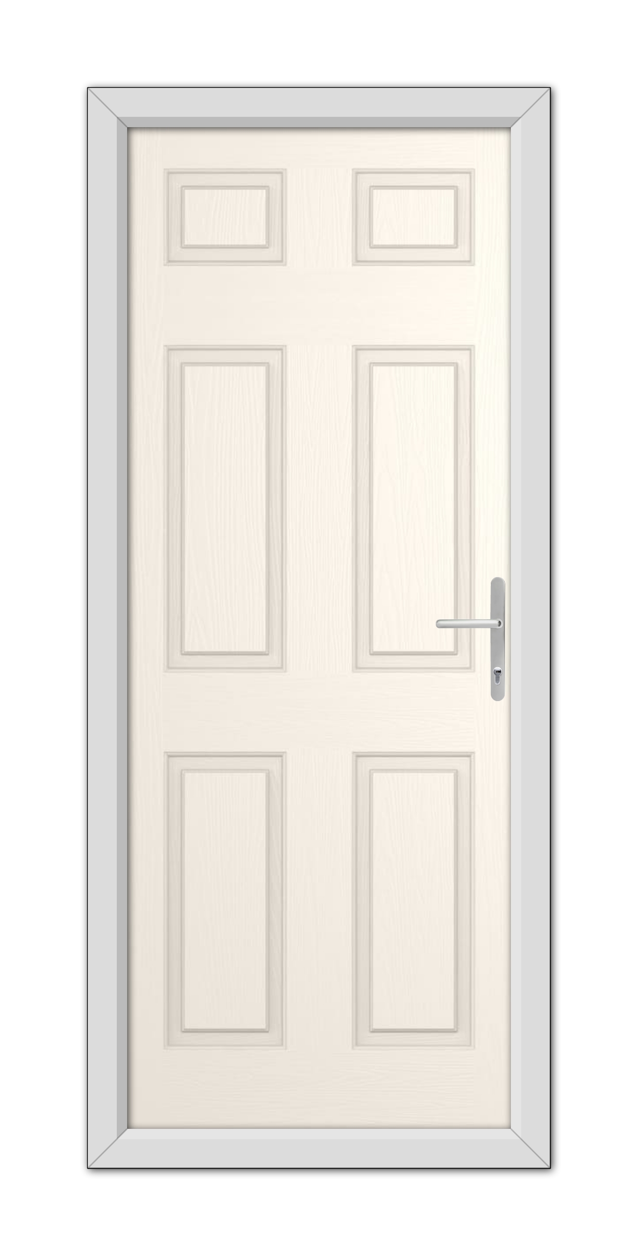 A White Foil Middleton Solid Composite Door 48mm Timber Core with a metal handle, set within a simple frame, viewed frontally against a white background.