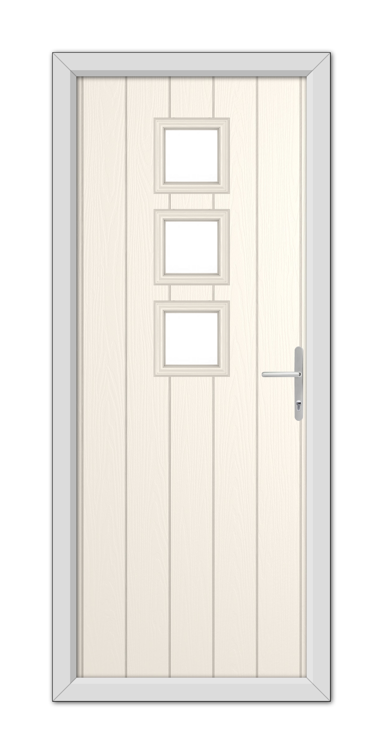 A modern White Foil Montrose Composite Door 48mm Timber Core featuring three rectangular frosted glass windows, framed by a gray door frame, with a metallic handle on the right.