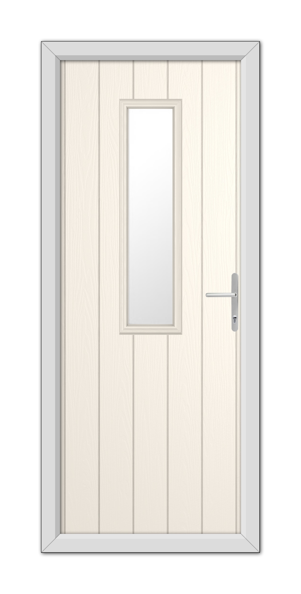 A White Foil Mowbray Composite Door 48mm Timber Core with a vertical glass panel, metal handle, and frame, isolated on a white background.