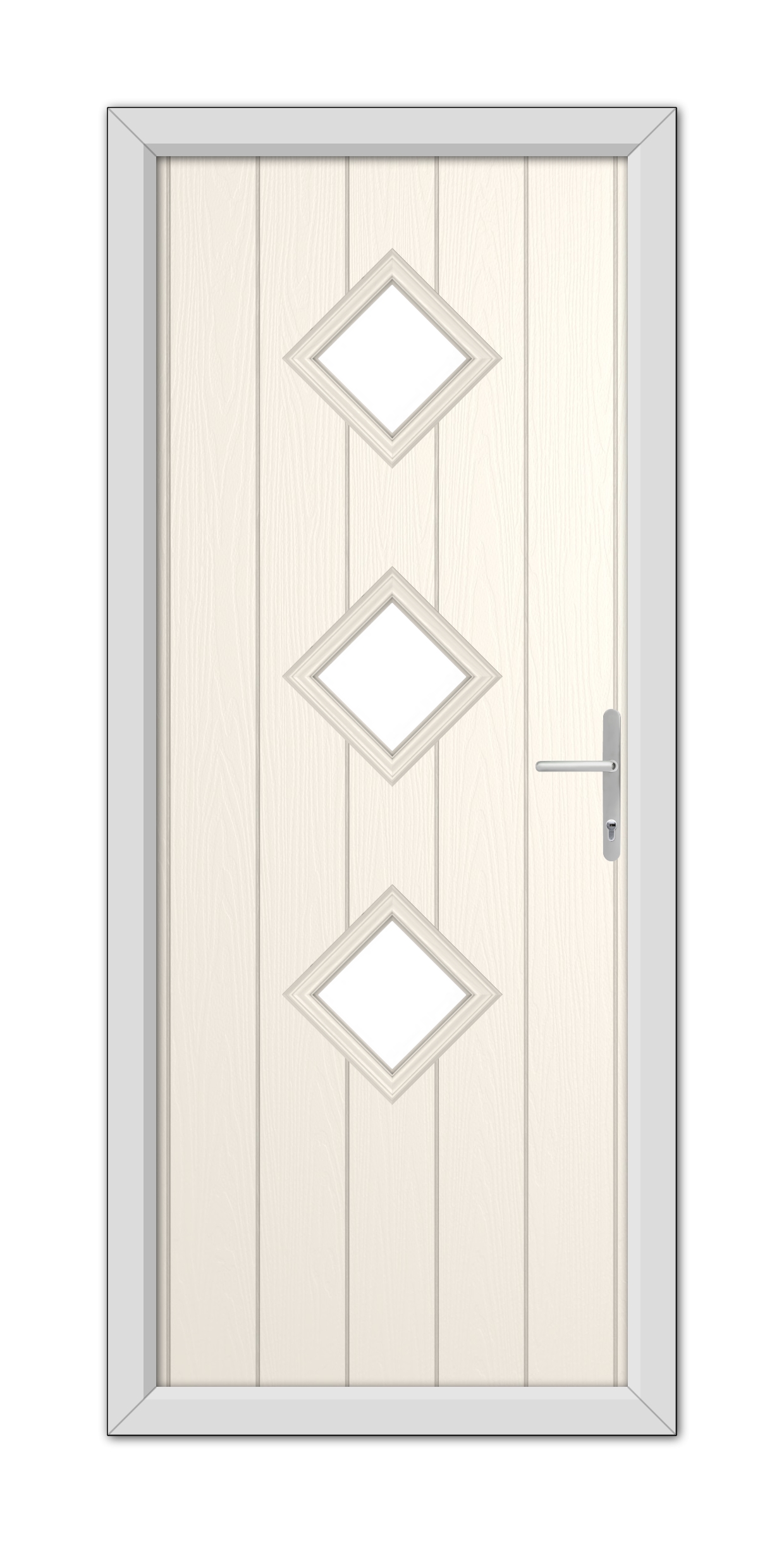 A modern white foil richmond composite door with three diamond-shaped windows and a metallic handle, set within a grey frame.
