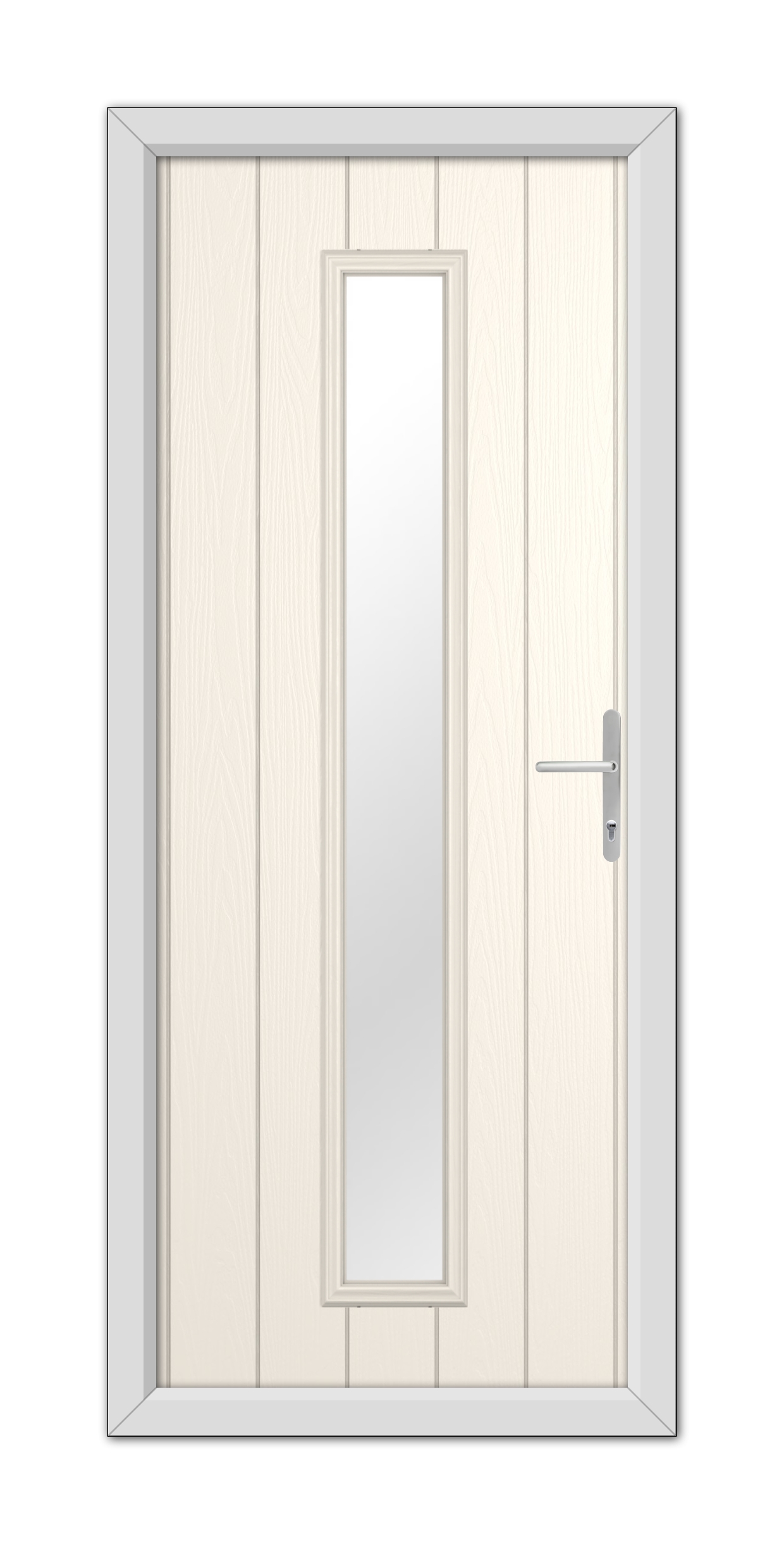 A modern White Foil Rutland Composite Door 48mm Timber Core with a vertical rectangular glass panel, set within a gray frame, equipped with a metal handle on the right side.