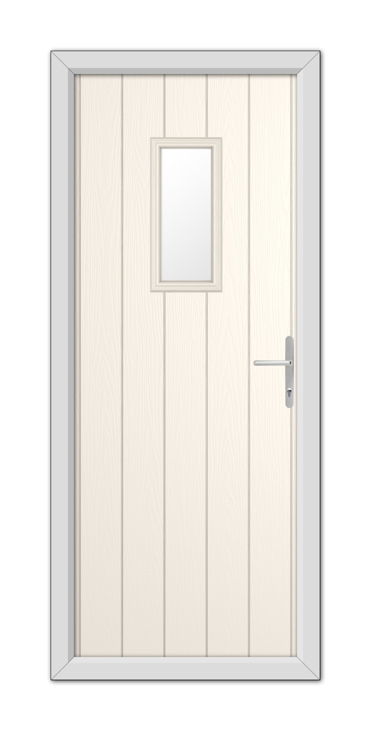 A White Foil Somerset Composite Door 48mm Timber Core with a small square window, framed by a gray doorframe, featuring a modern handle on the right side.