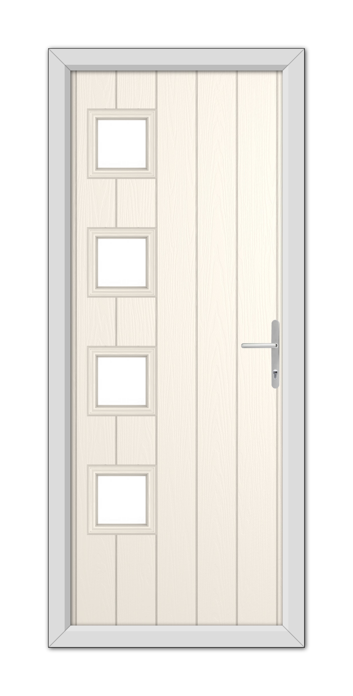 A modern White Foil Sussex Composite Door with a 48mm Timber Core, four rectangular glass panels and a silver handle, set within a grey frame.