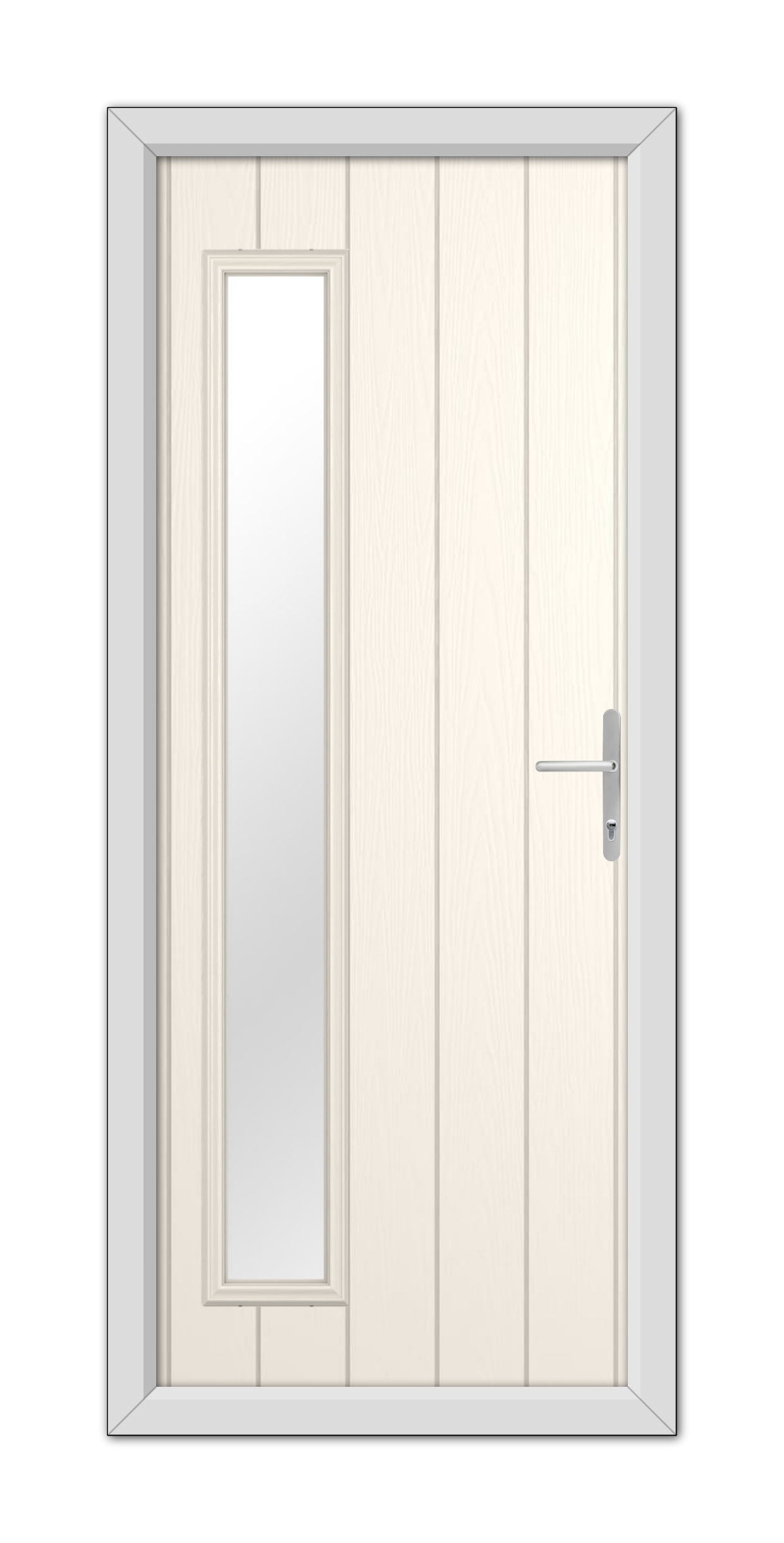A White Foil Sutherland Composite Door 48mm Timber Core with a vertical, rectangular glass pane on the left side, equipped with a modern handle, set within a gray frame.