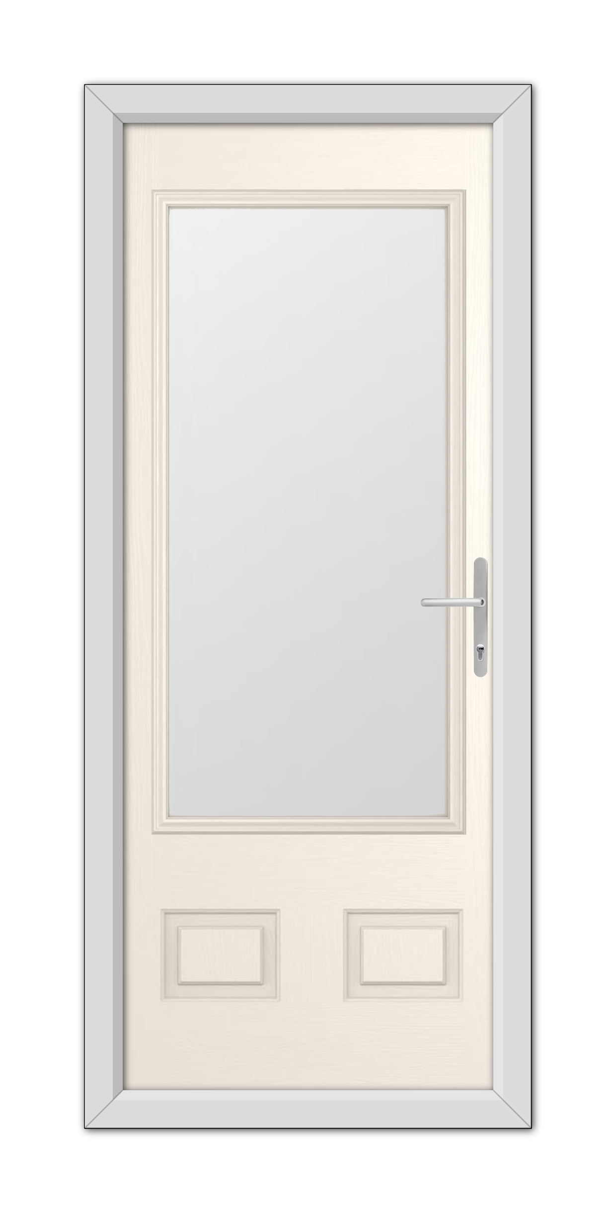 A modern White Foil Walcot Composite Door with a rectangular frosted glass panel and a silver handle, framed by a simple gray casing.