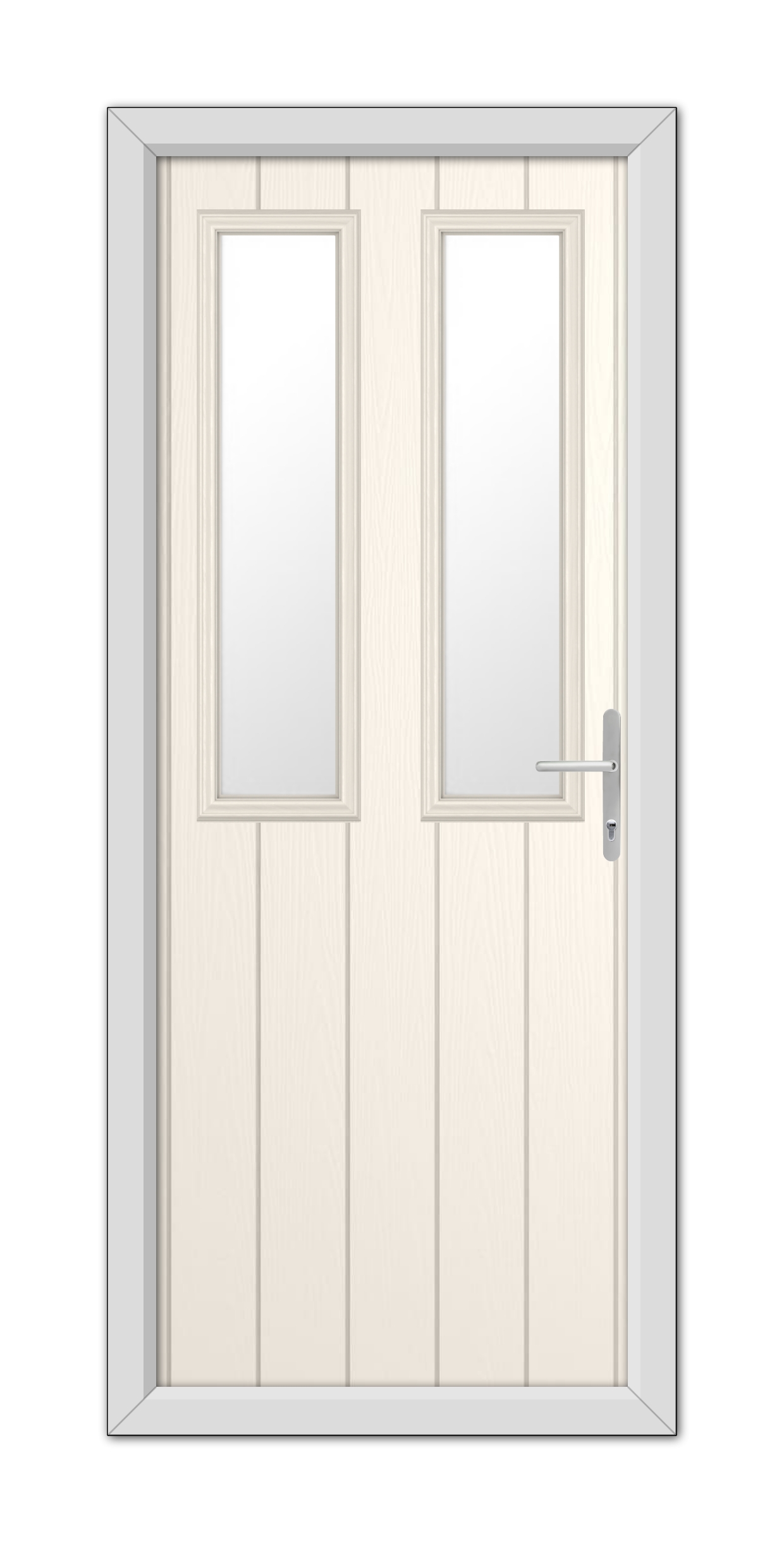 White Foil Wellington Composite Door with glass panels and a metal handle, set within a simple frame, isolated on a white background.