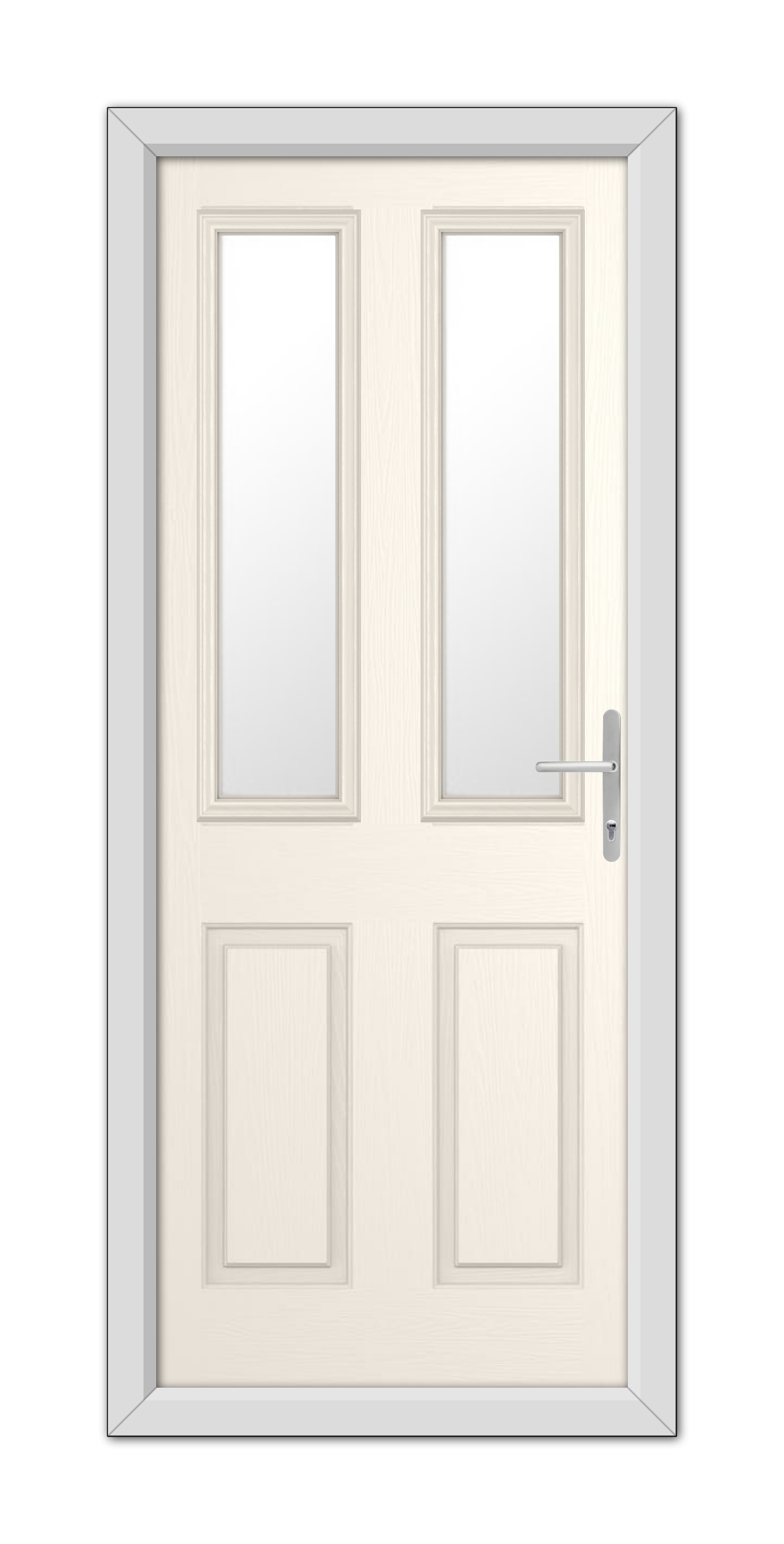 A White Foil Whitmore Composite Door 48mm Timber Core with glass panels on the top half and a metal handle on the right side, set in a gray frame.