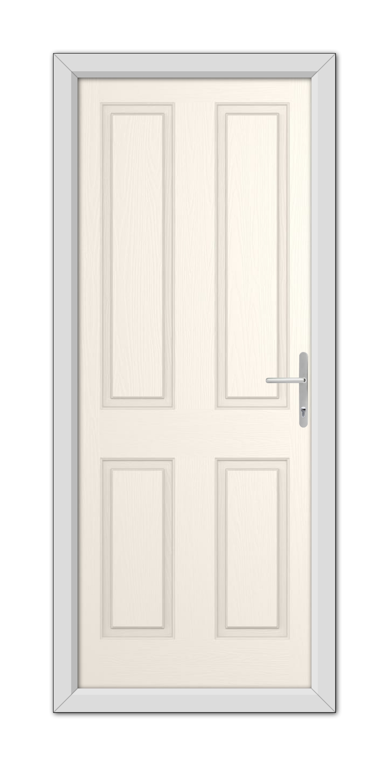 A White Foil Whitmore Solid Composite Door 48mm Timber Core with a metal handle, set within a simple frame, viewed straight on.