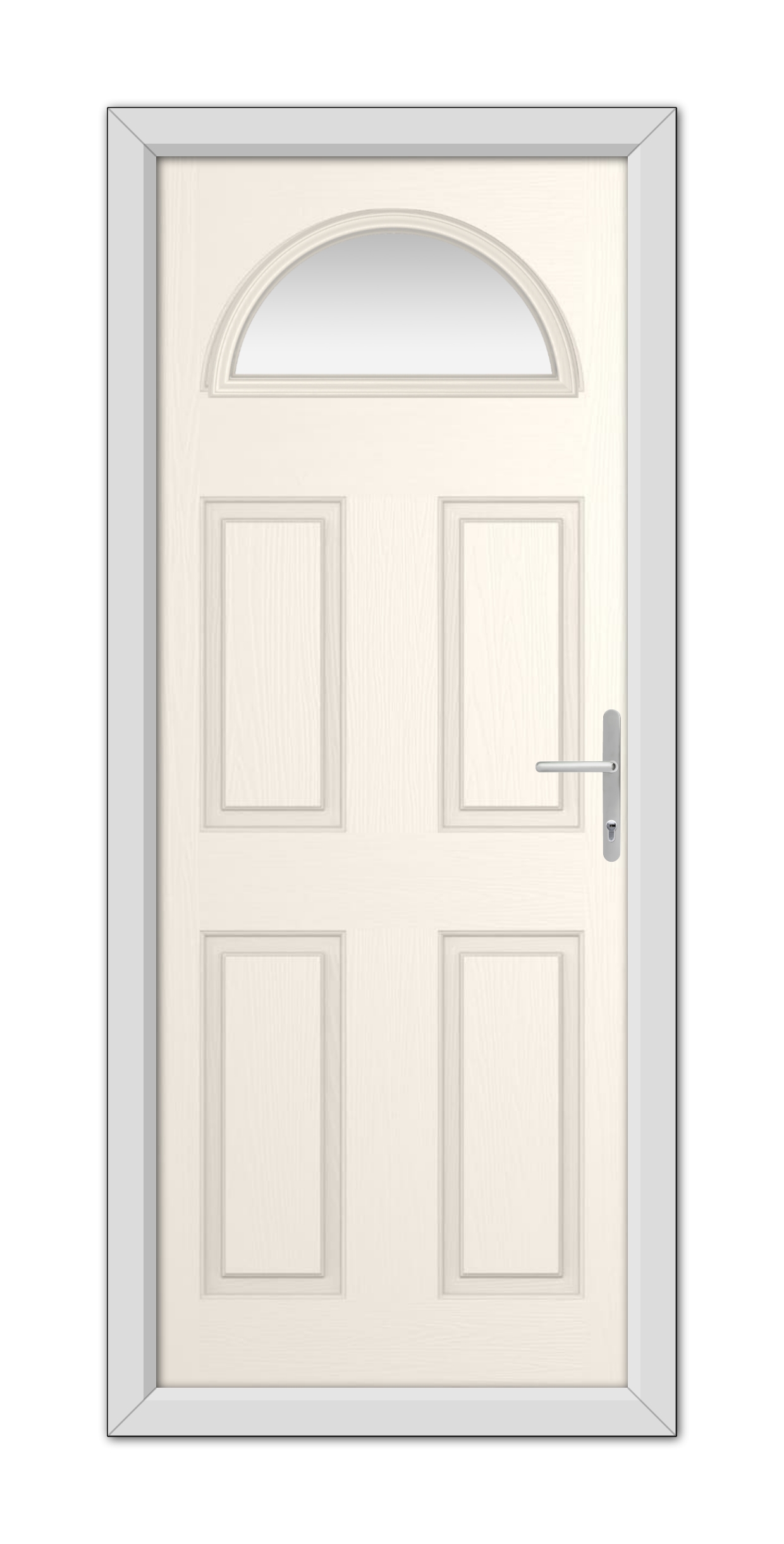 A White Foil Winslow 1 Composite Door 48mm Timber Core with an arched window at the top and a metallic handle, set within a grey frame.