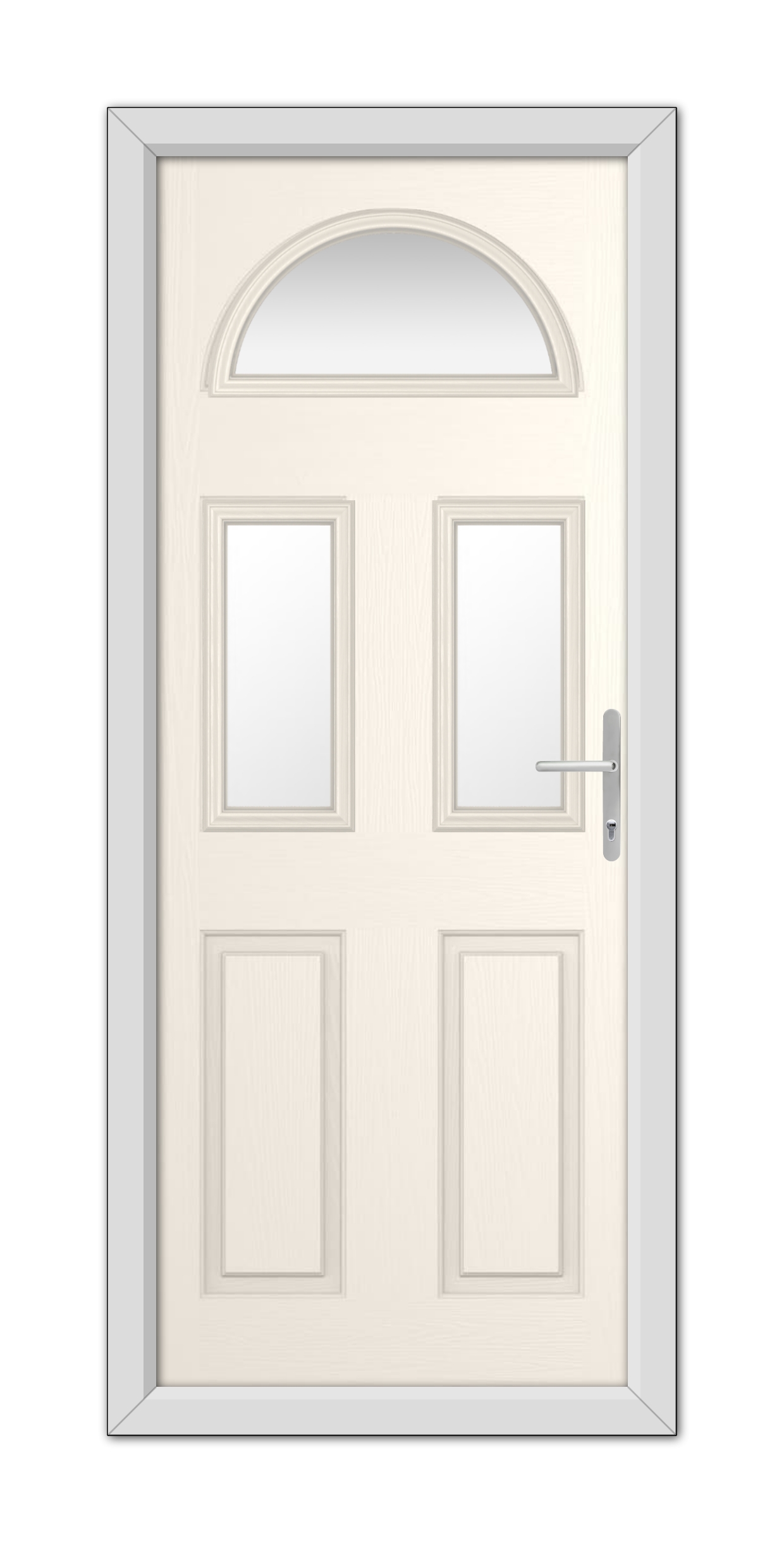 A White Foil Winslow 3 Composite Door 48mm Timber Core with a semicircular window at the top, four rectangular panels, and a metallic handle, set within a simple frame.