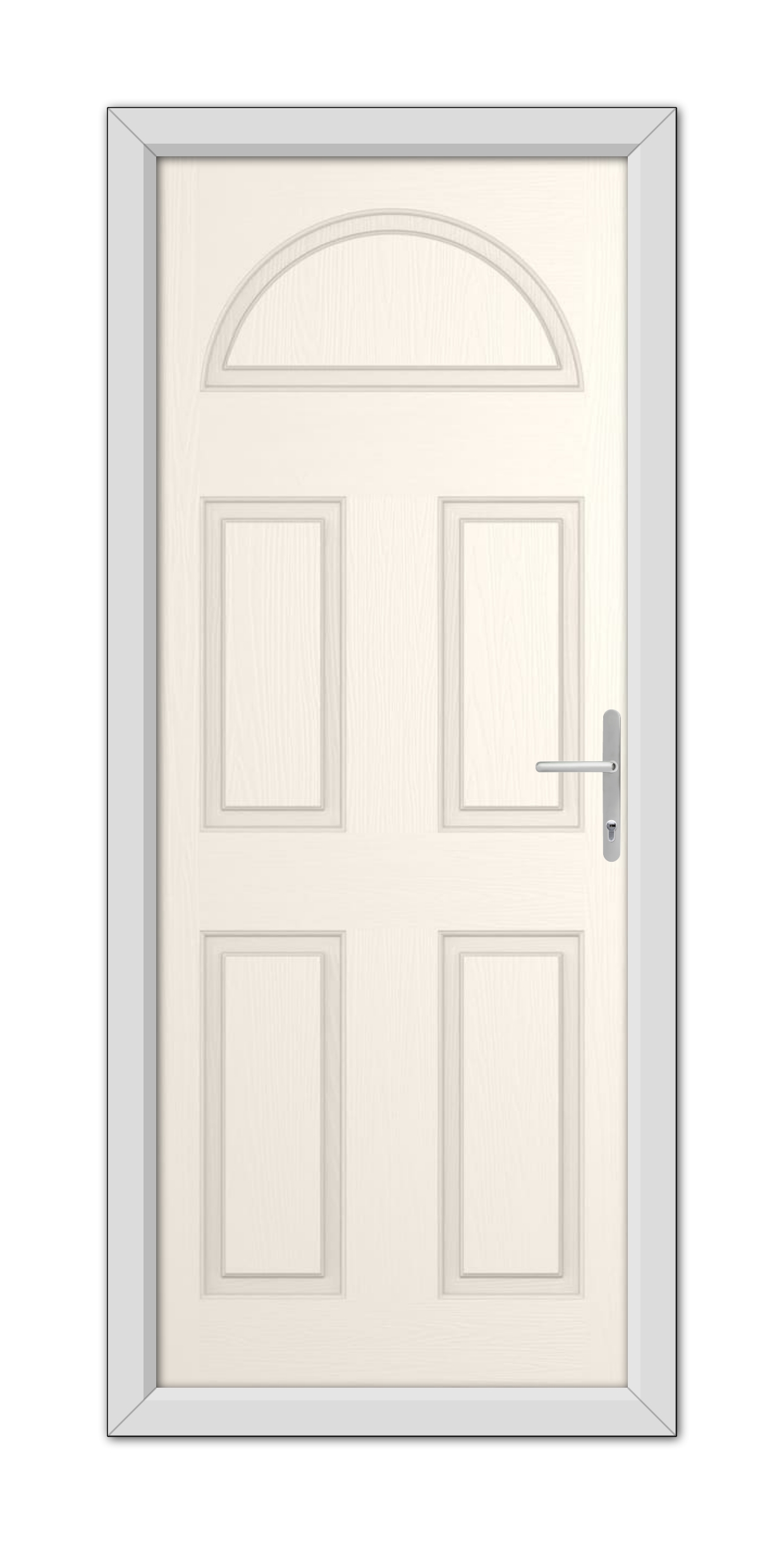 A White Foil Winslow Solid Composite Door 48mm Timber Core with six panels and a silver handle, set in a gray door frame with an arched transom window.