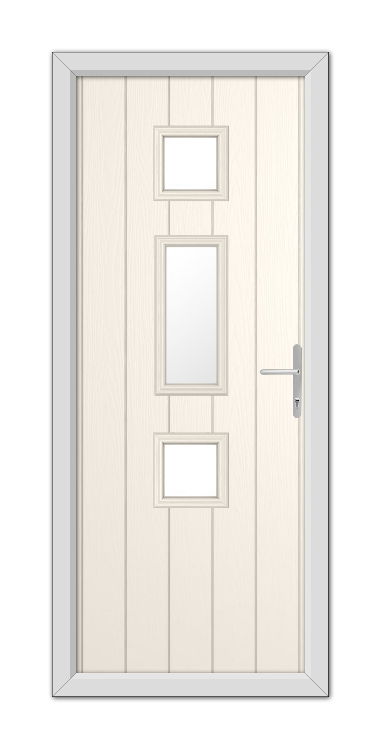 A White Foil York Composite Door 48mm Timber Core with three vertical glass panels and a silver handle, set within a gray frame.