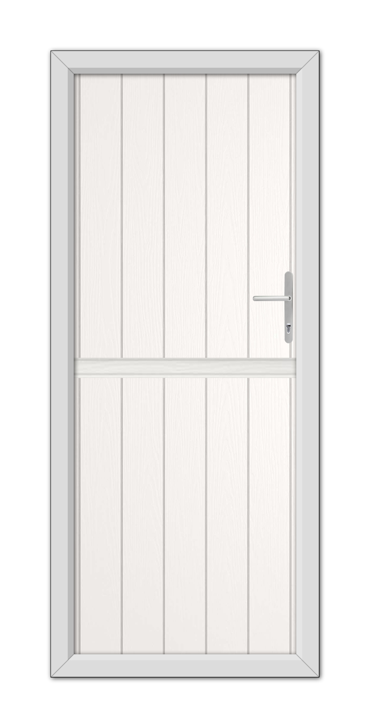 A modern White Gloucester Stable Composite Door with a horizontal window at the upper half and a metallic handle on the right side, set in a gray frame.