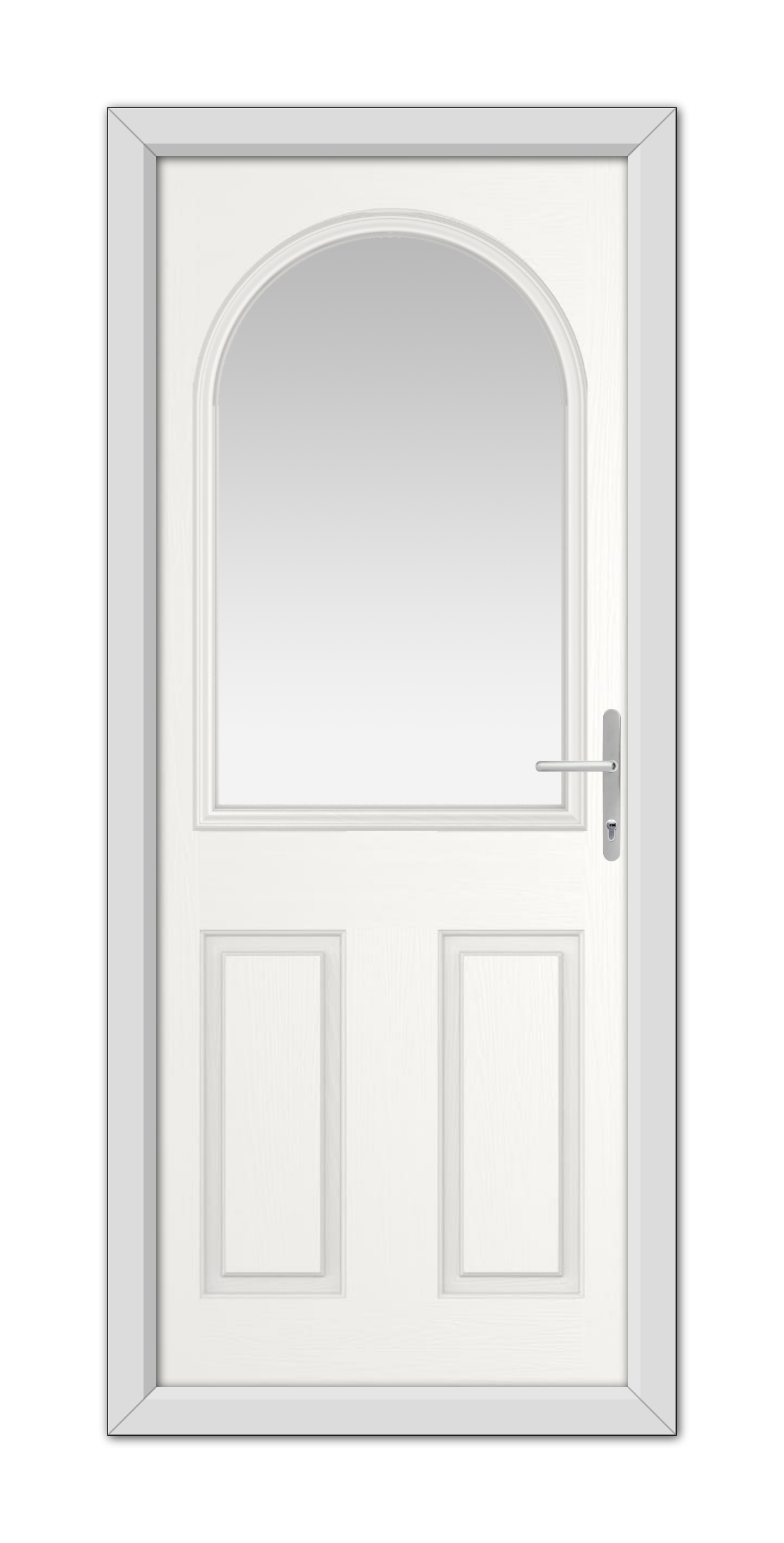 White Grafton Composite Door 48mm Timber Core with an arched window at the top and a modern handle, set within a simple frame, isolated on a white background.