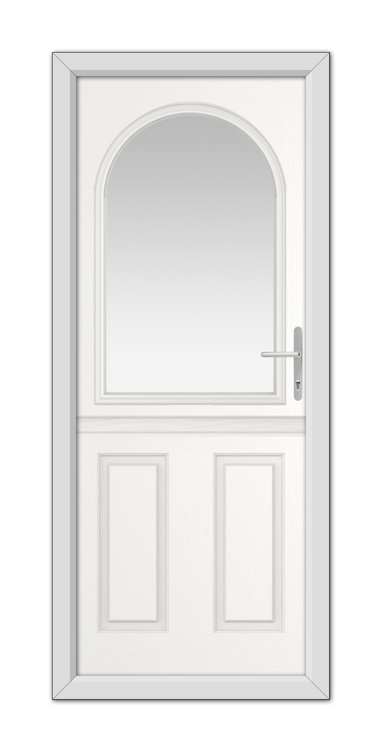 White Grafton Stable Composite Door 48mm Timber Core with an arched window at the top and a handle on the right side, set within a simple frame.