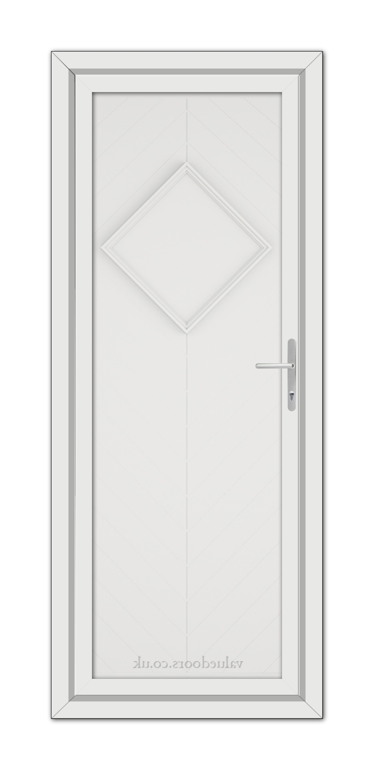 A vertical image of a closed White Hamburg Solid uPVC Door with a diamond-shaped window and a metallic handle, set within a simple frame.