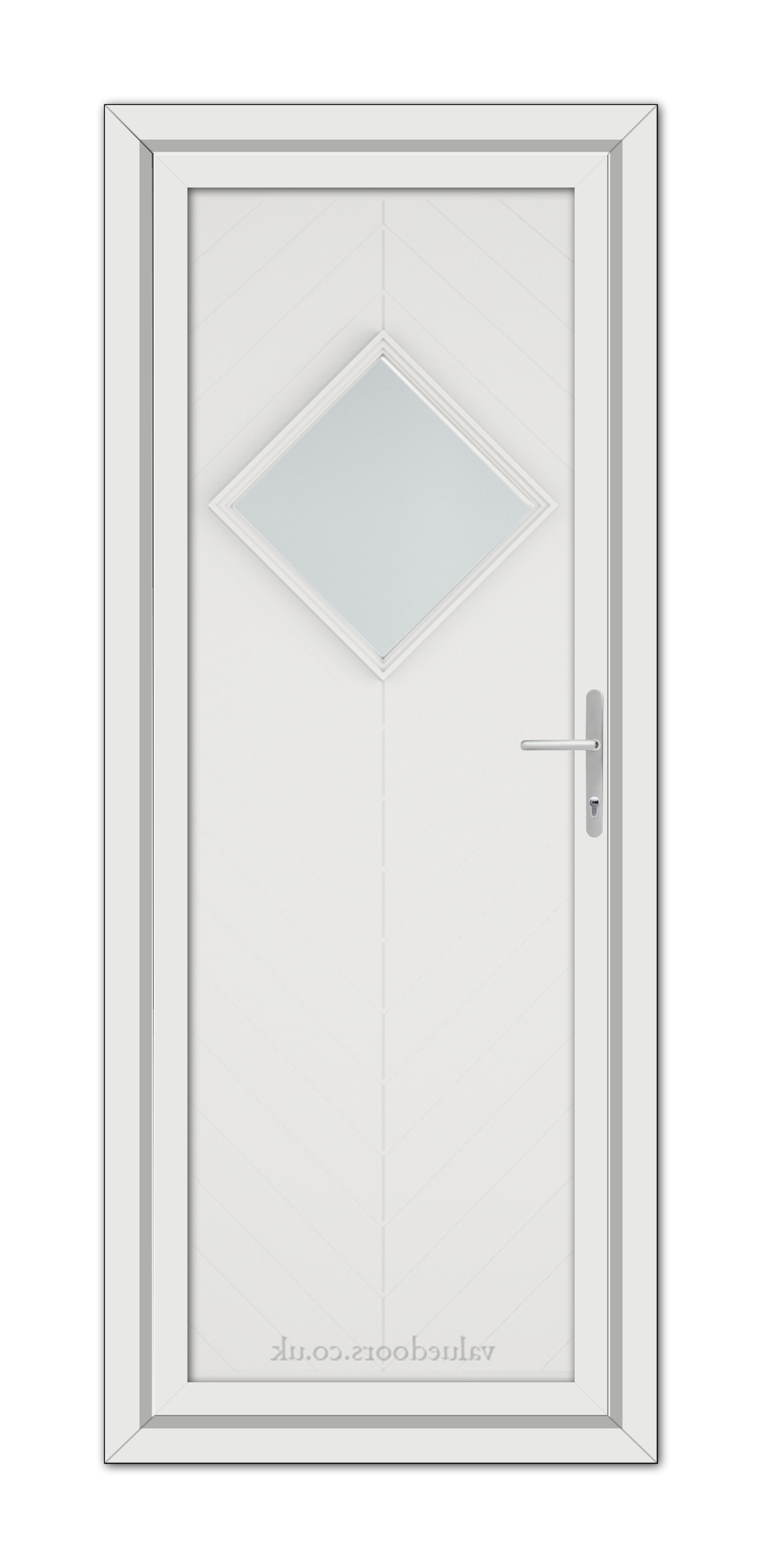A vertical image of a modern White Hamburg uPVC Door featuring a diamond-shaped glass window at the top and a metallic handle on the right.