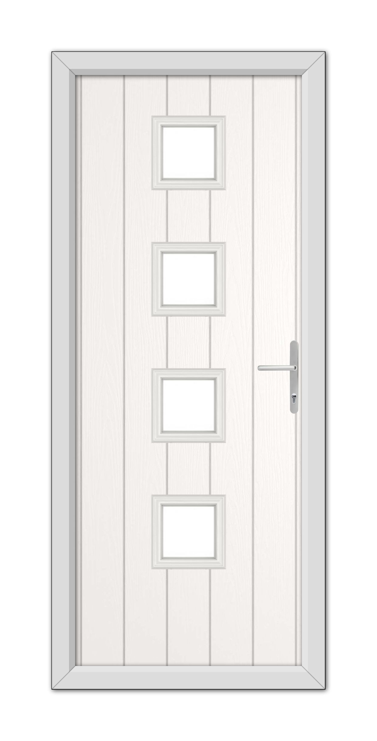 A modern White Hamilton Composite Door 48mm Timber Core with four rectangular glass panels and a silver handle, set within a gray frame.