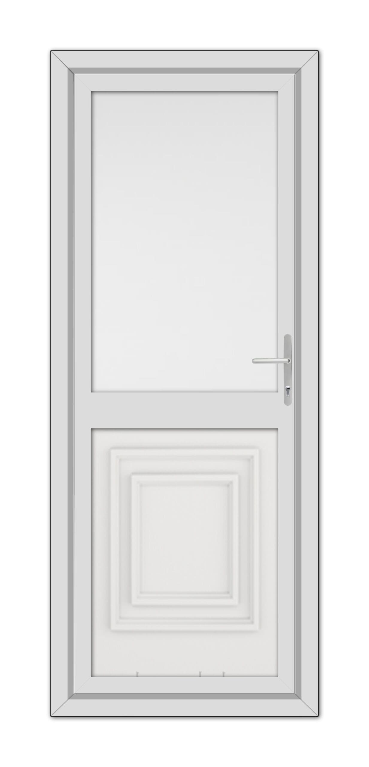 A closed White Hannover Half uPVC Back Door with a window on the upper half and a decorative square panel on the lower half, featuring a modern handle on the right side.
