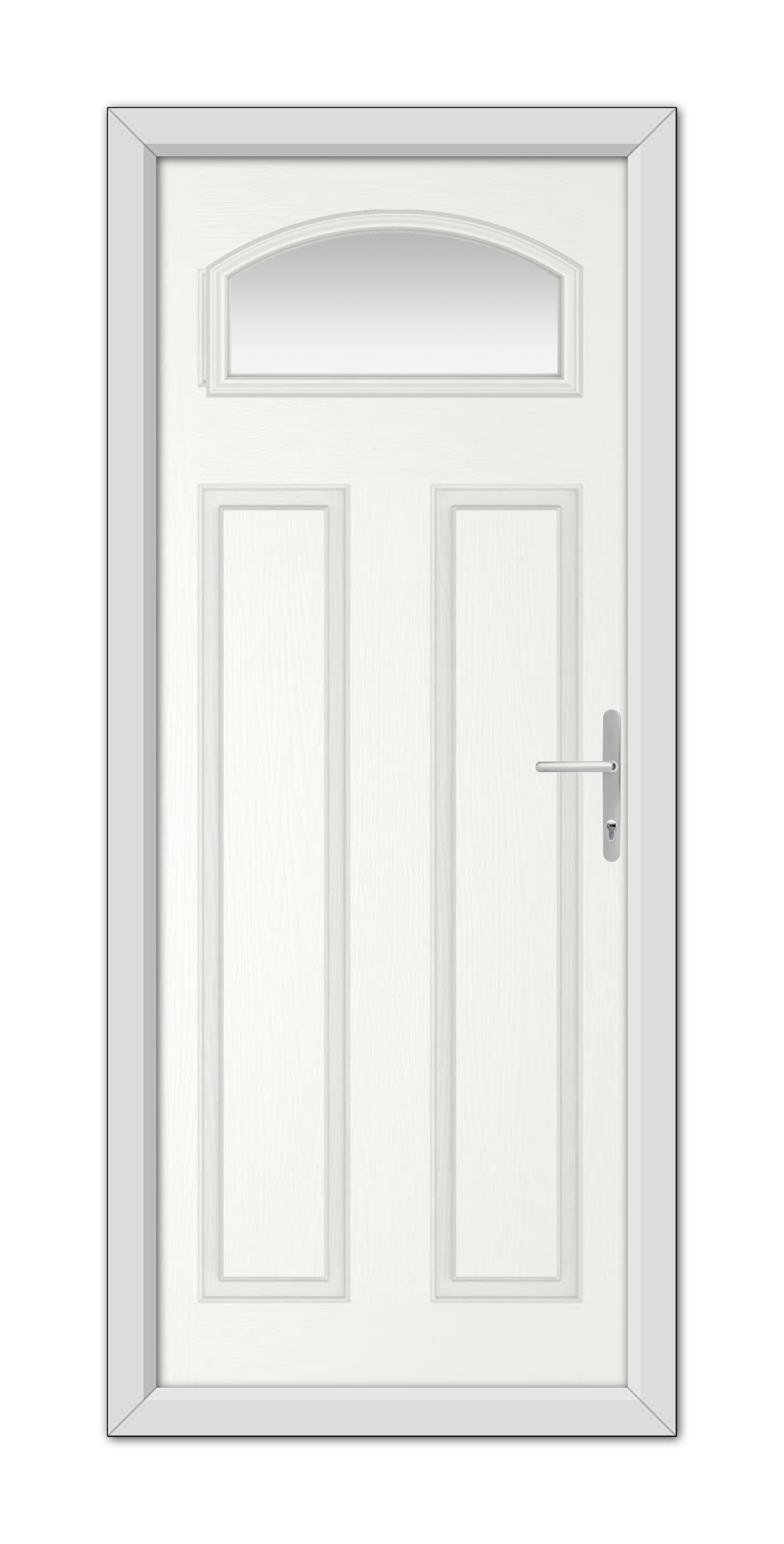 A White Harlington Composite Door 48mm Timber Core with a semi-circular window at the top, metal handle on the right, and a grey frame, isolated on a white background.