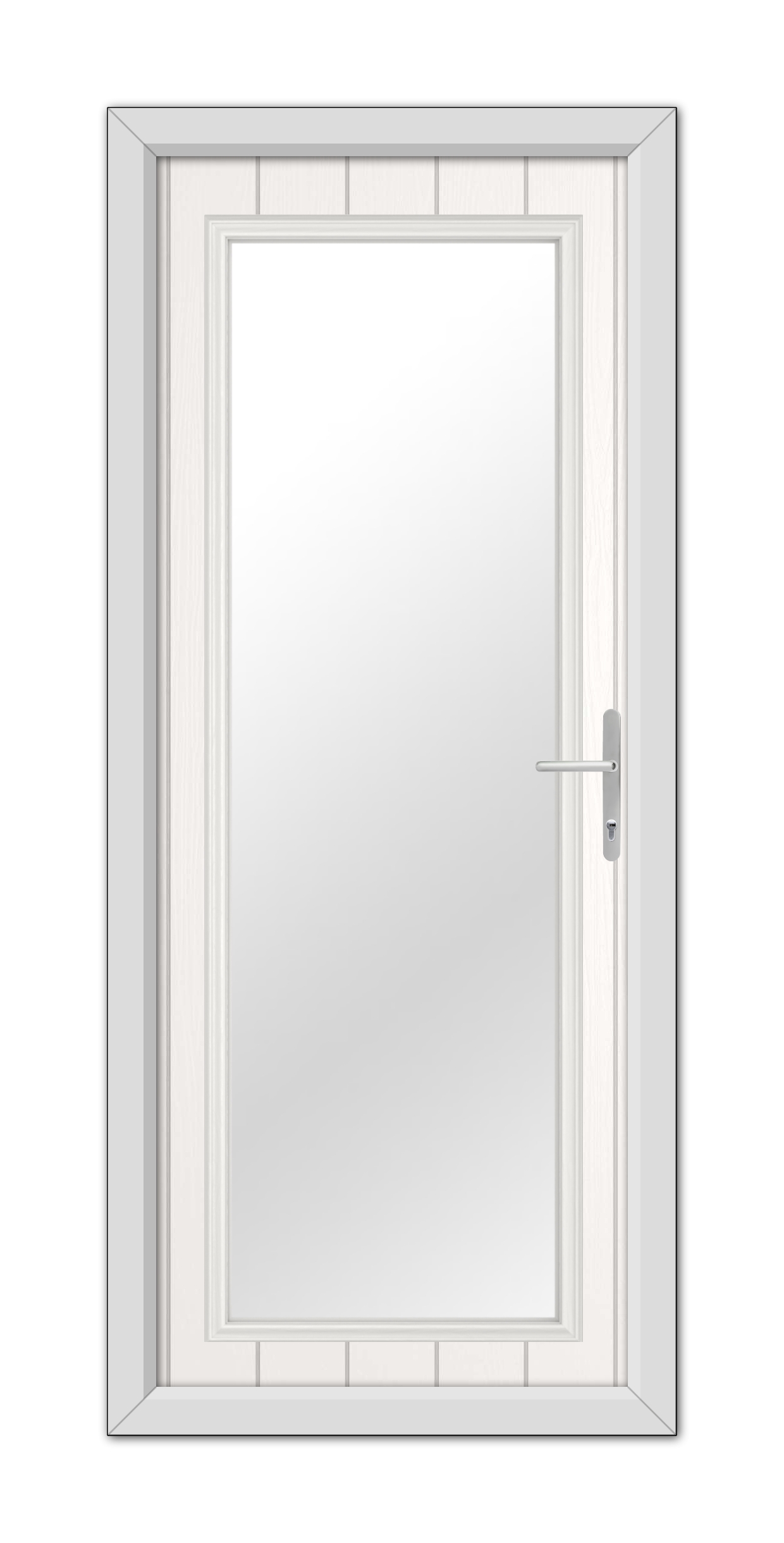 White Hatton Composite Door with a central glass panel and a silver handle on the right side, set in a light gray wall.
