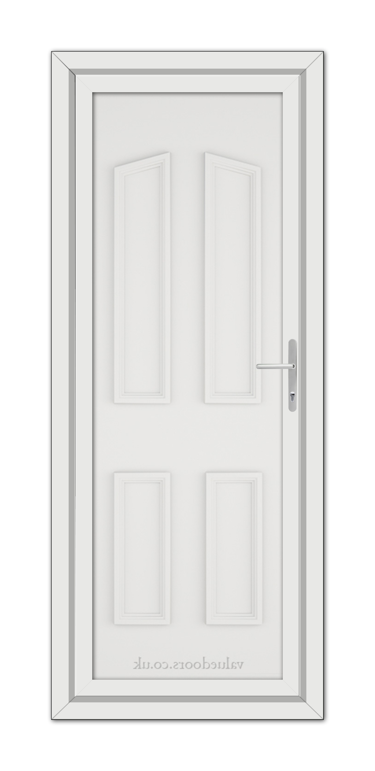 A White Kensington Solid uPVC Door with a silver handle, featuring a six-panel design set within a gray frame, viewed from the front.
