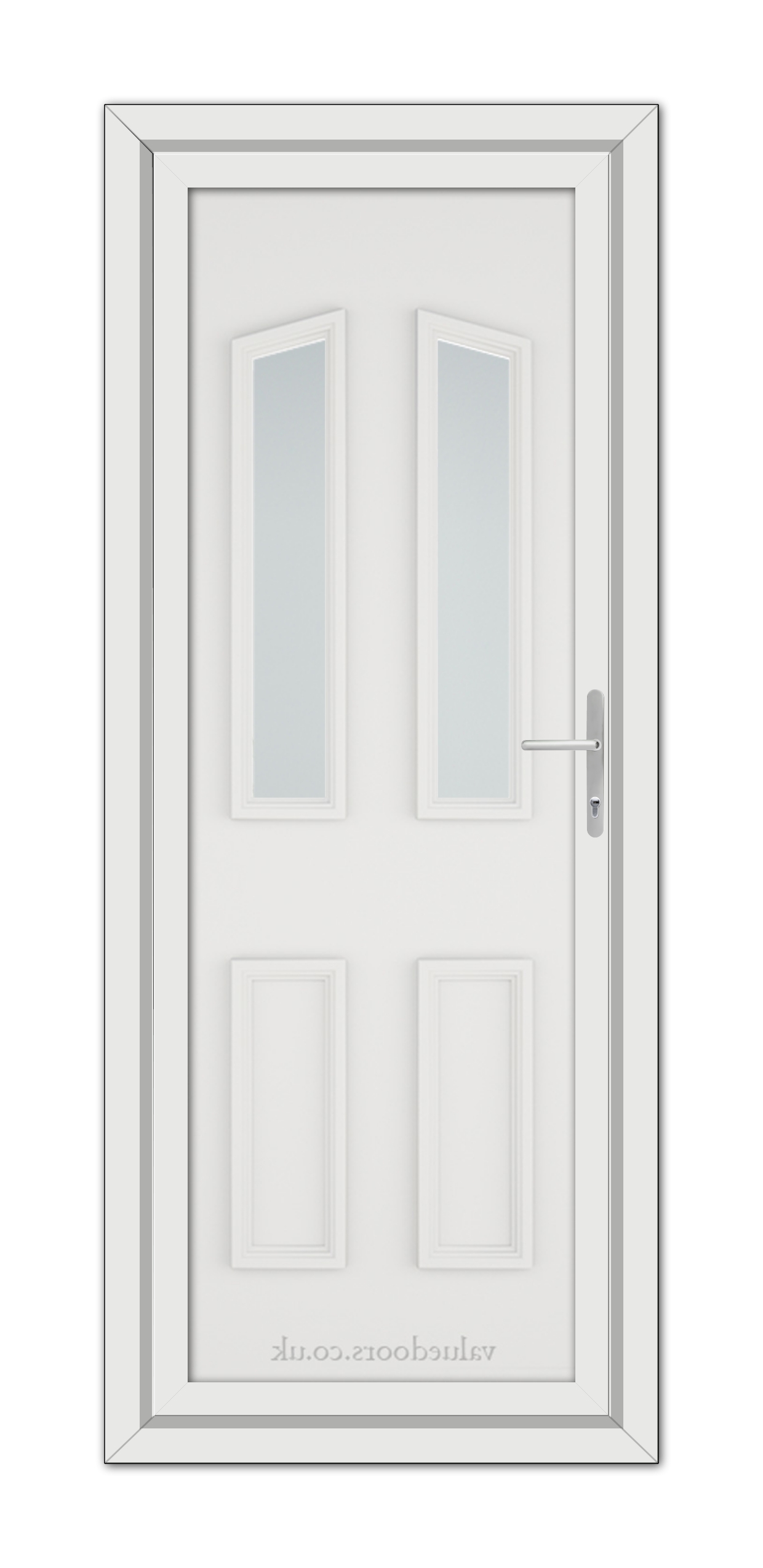 White Kensington uPVC Door with a silver handle and two vertical glass panels, set within a gray frame, viewed from the front.
