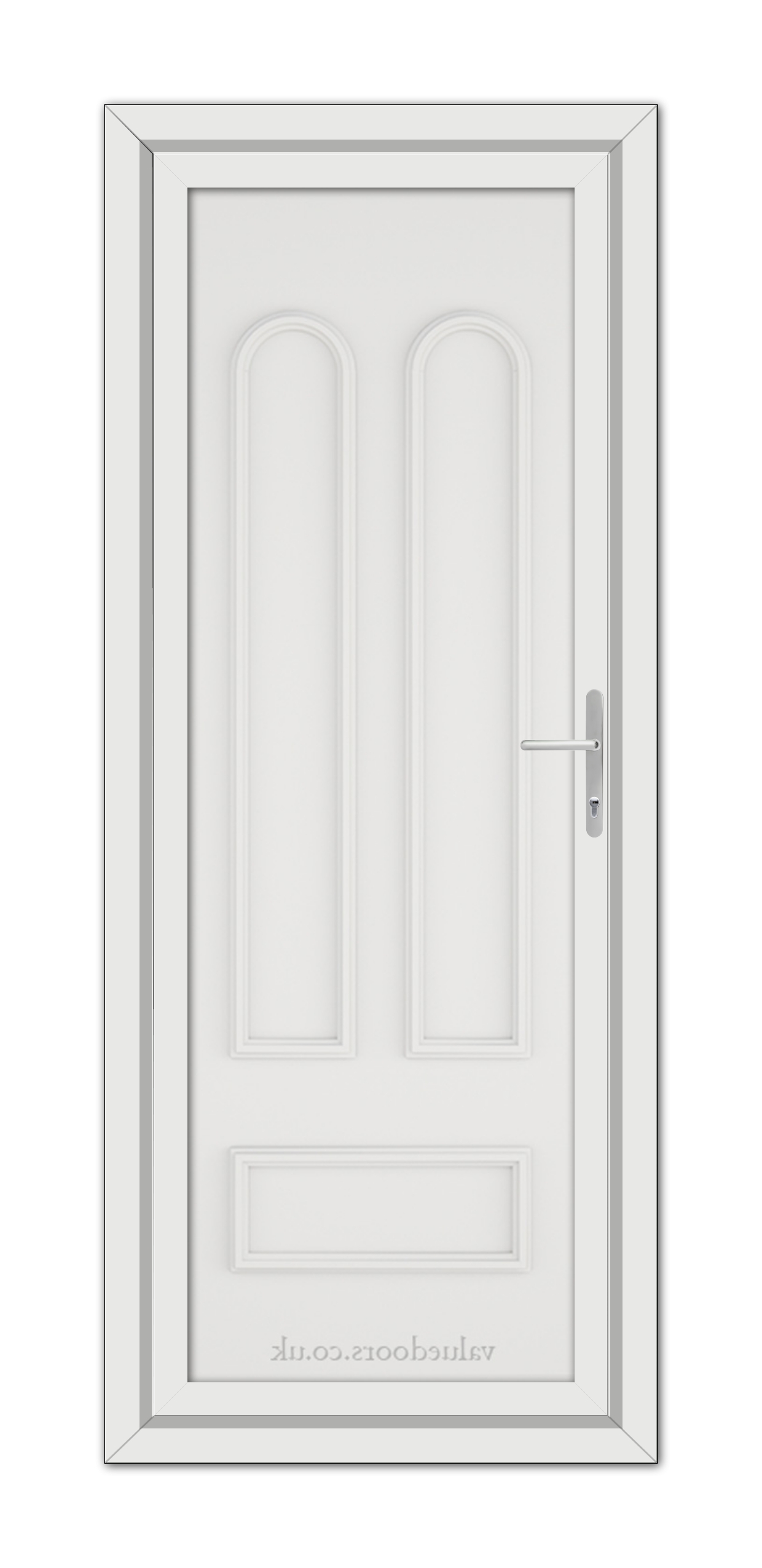 A vertical image of a closed White Madrid Solid uPVC Door with two elongated panels and a metallic handle, set within a simple frame.