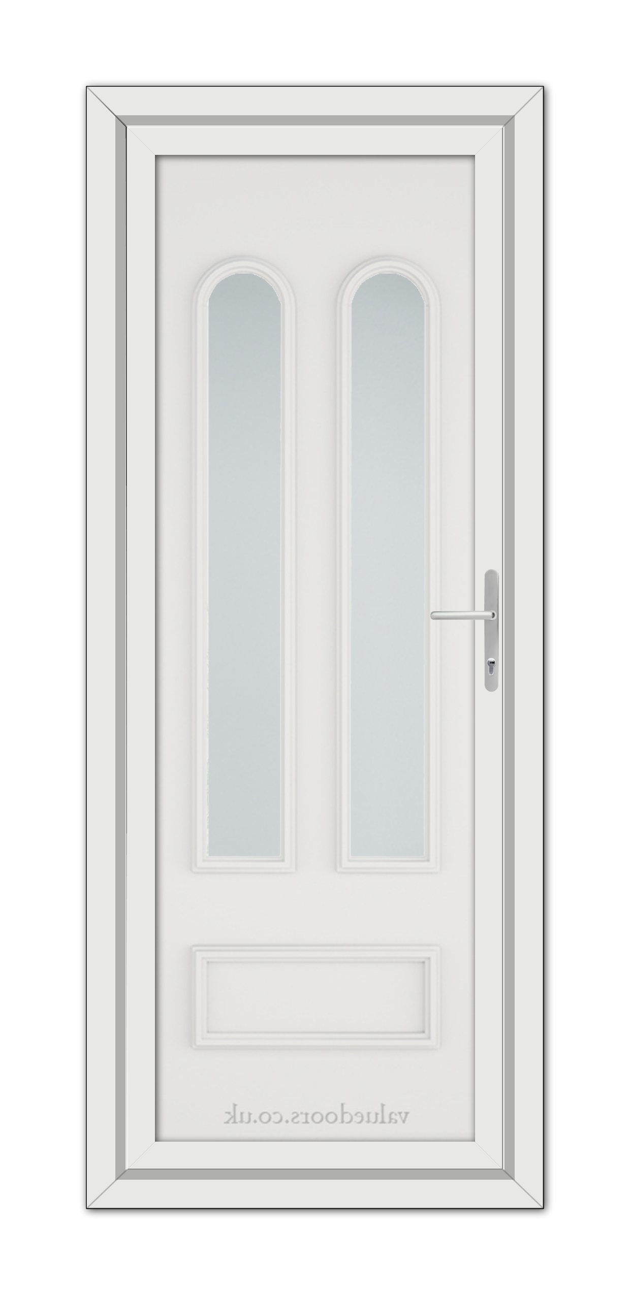 A White Madrid uPVC Door featuring a vertical, double-panel glass window at the top and a solid lower panel, equipped with a sleek handle.